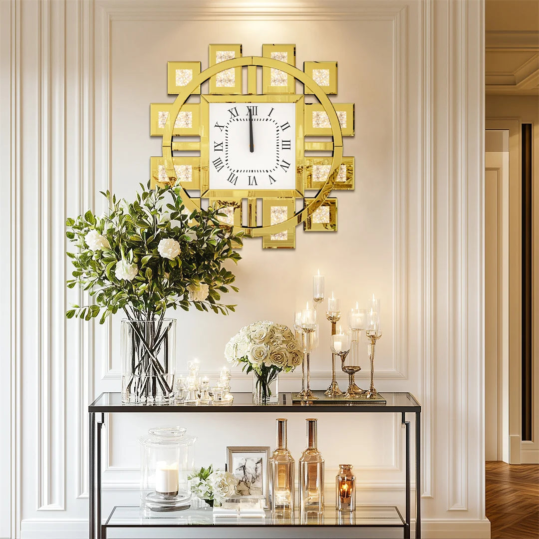 60CM Decorative Wall Clock with Silver/ Golden Crystal Crushed Diamond Inlay Battery Operated