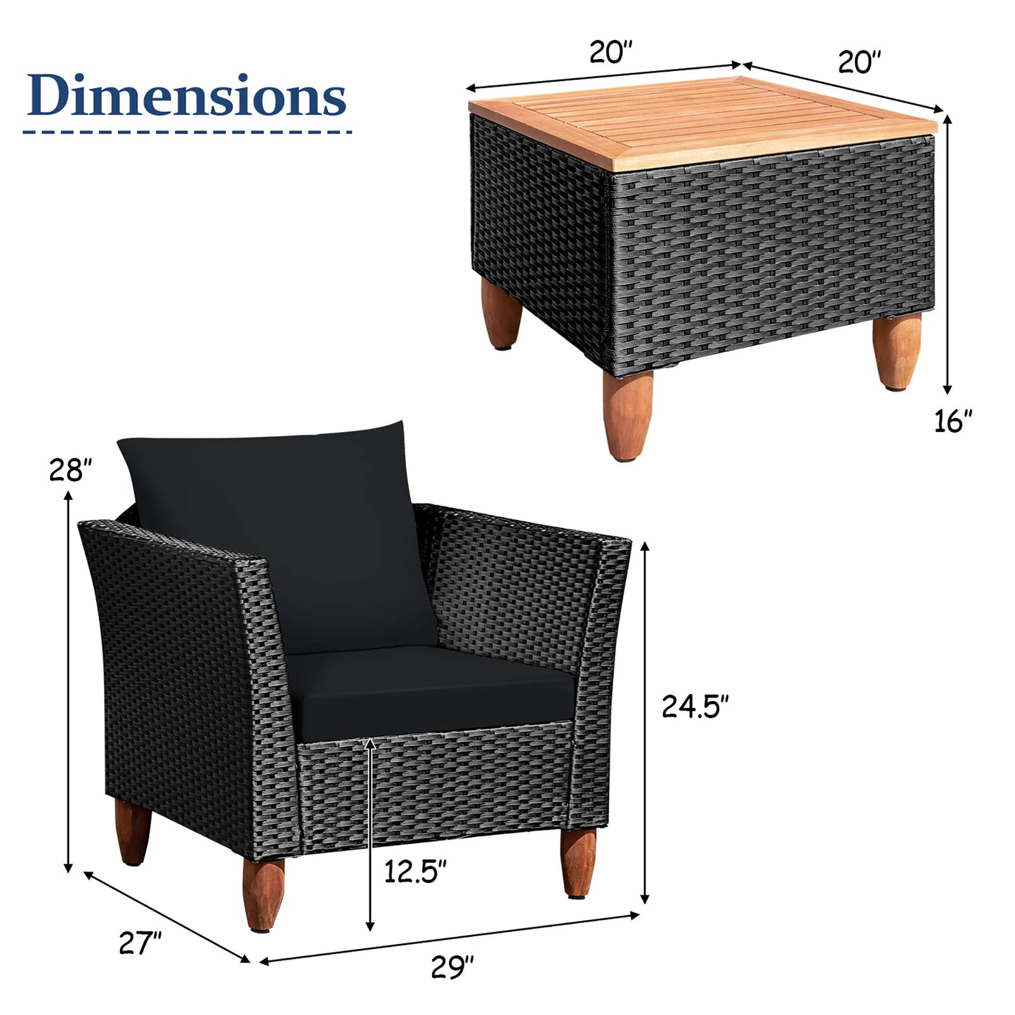 3PCS Outdoor Patio Rattan Furniture Set Wooden Table Top Cushioned Sofa Black
