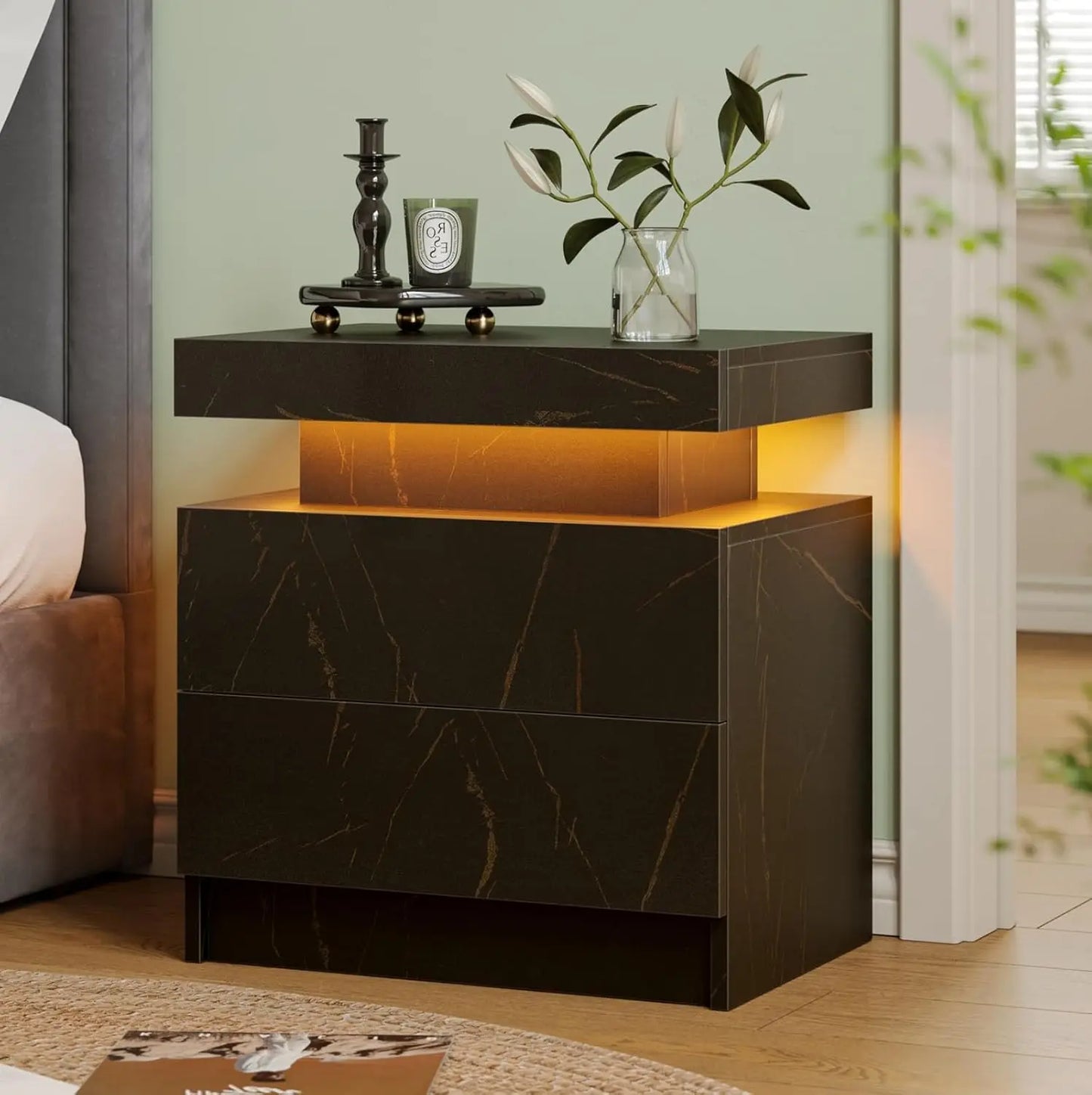 White LED Nightstand With Two Wood Drawers Bedside Table