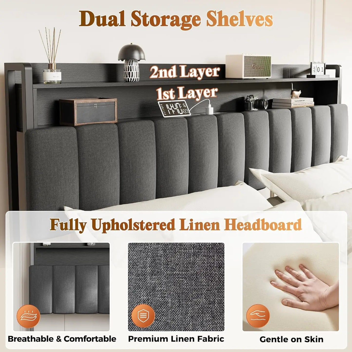 Bed Frame King Size with Upholstered Headboard & Charging Station, King Bed Frame with 4 Storage Drawers, 2-Tier Open Shelves, N