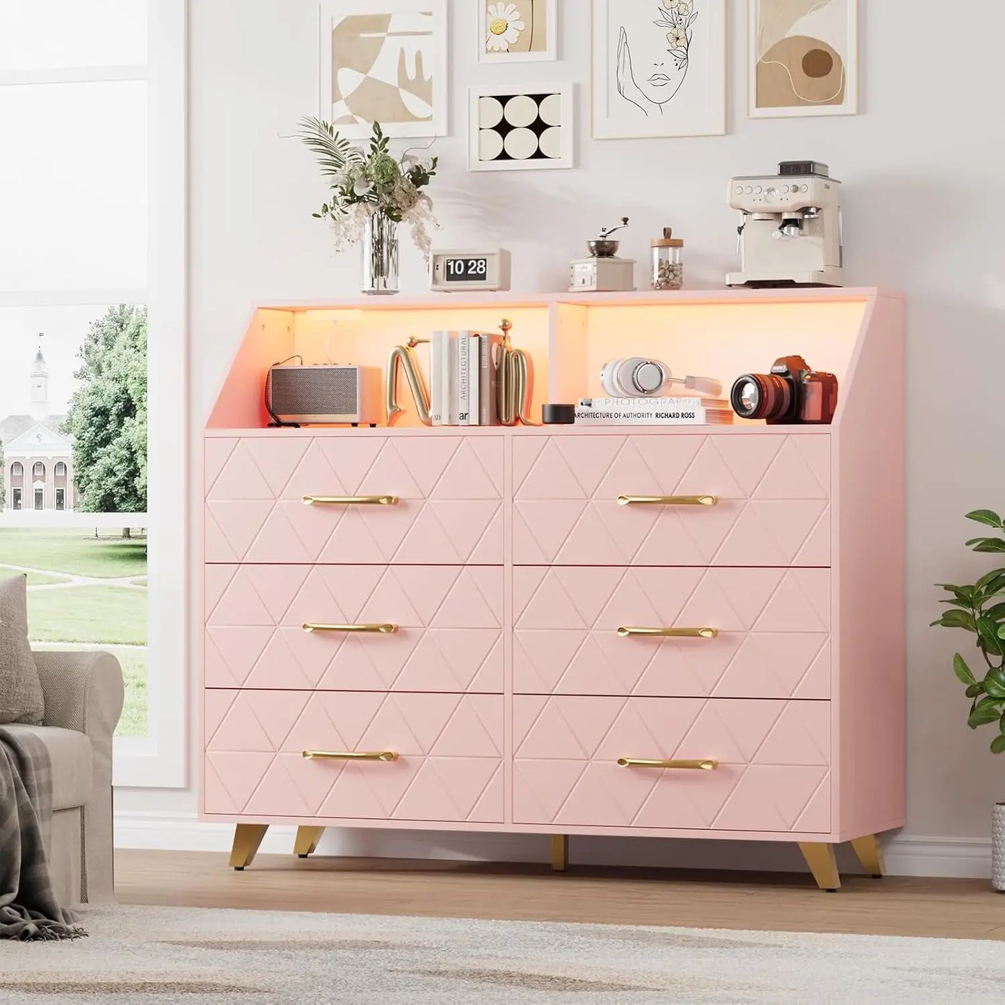 6 Drawers Dresser with LED Light and Power Outlet, Wood Dressers for Bedroom Chests of Drawers for Living Room Entryway Hallway