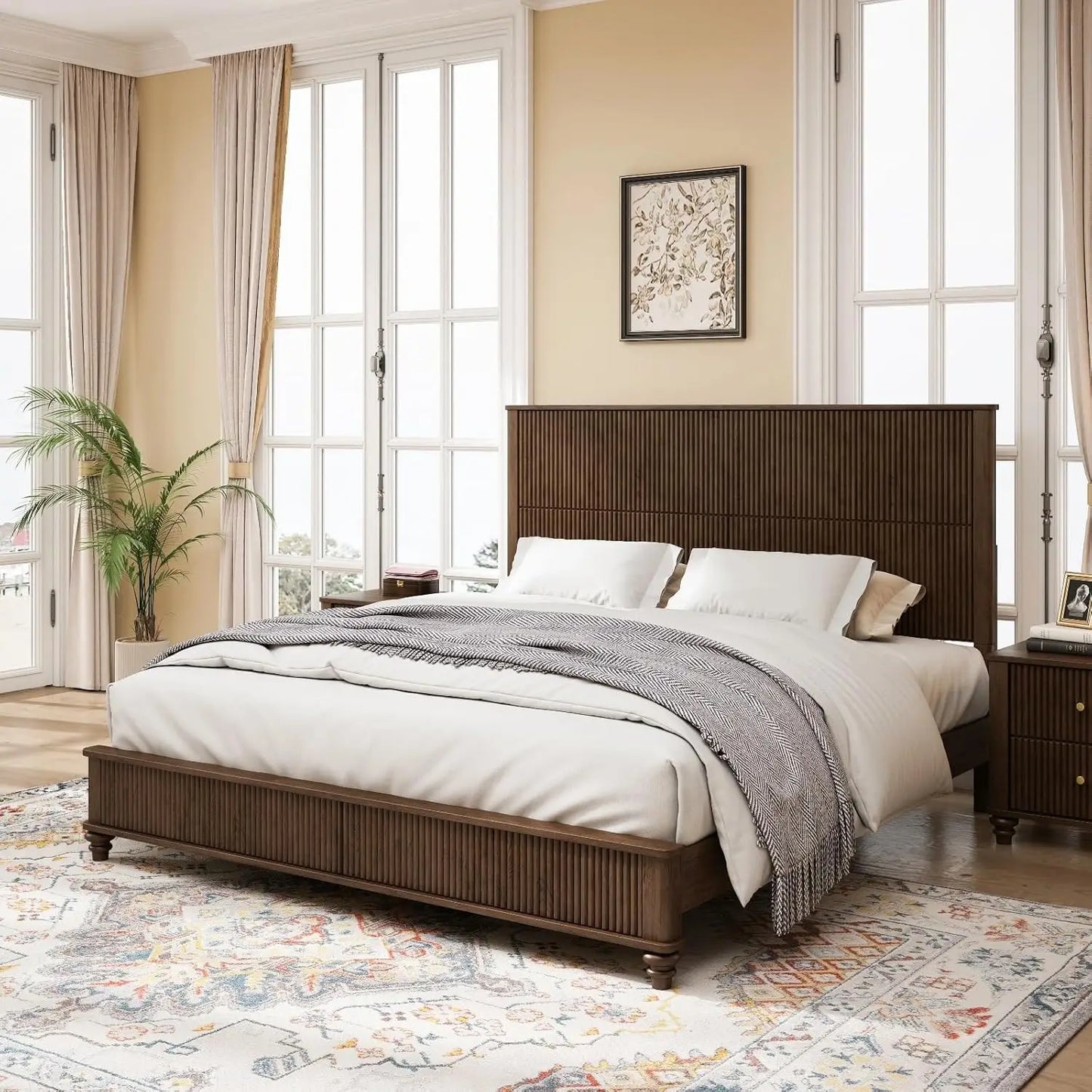 King Size Bed Frame with Headboard and Storage Bench, Solid Wood Sleigh Bed Frame No Box Spring Needed, Wood Bed Frame, Custom