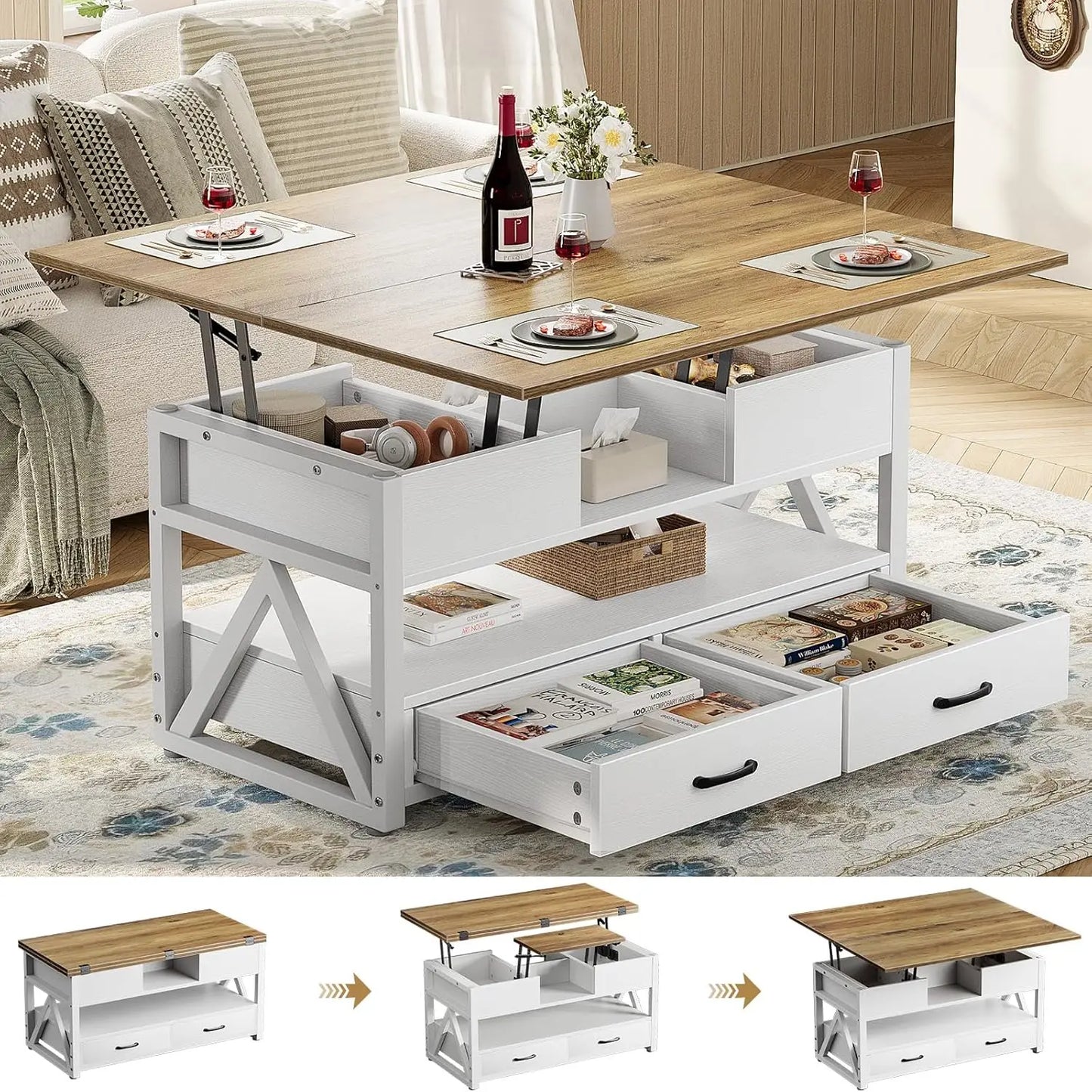 40" Lift Top Coffee Table,4 in 1 Multi-Function Lift Coffee Tables with Storage Drawers and Hidden Compartmen,Farmhouse, Custom
