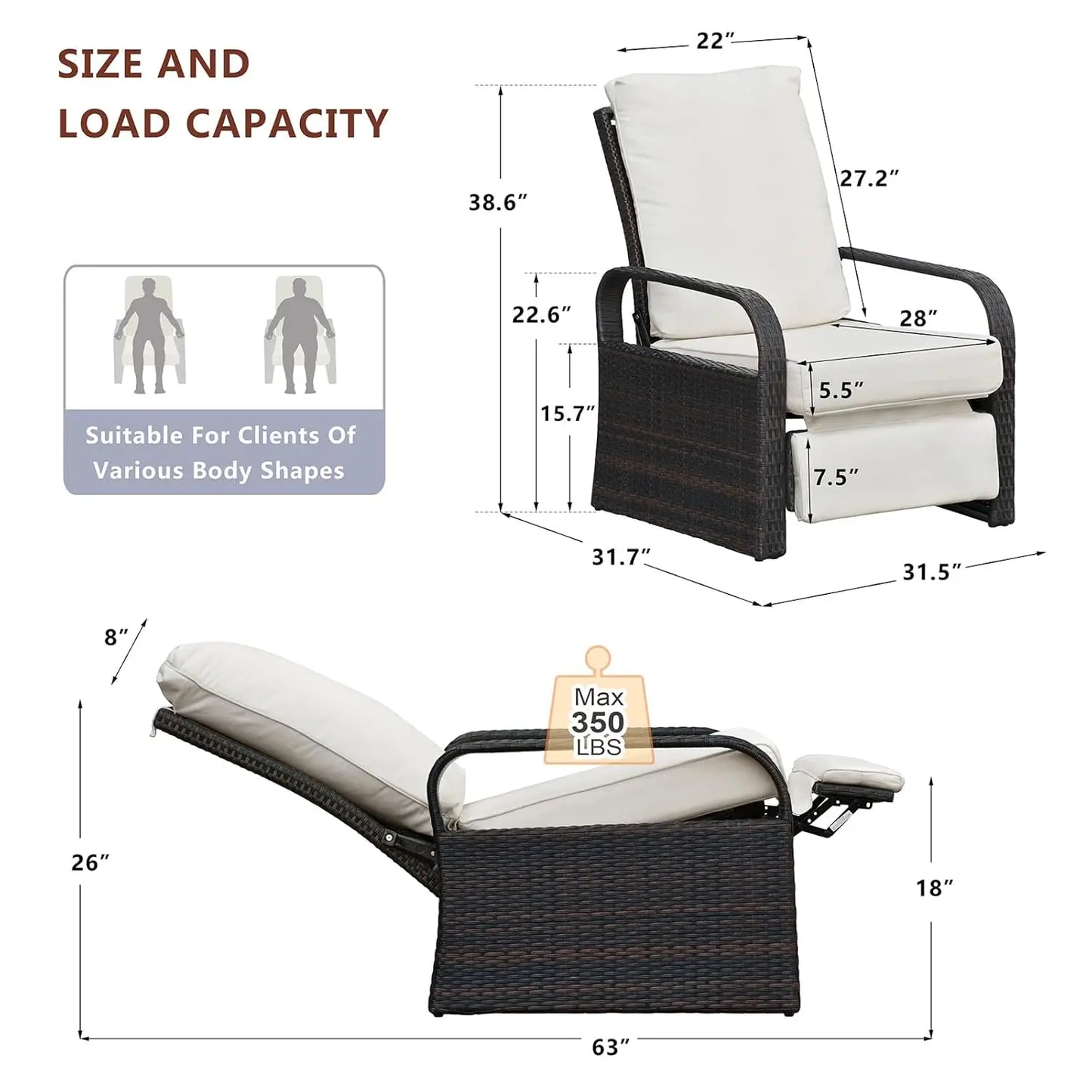 Outdoor Recliner Wicker Patio Adjustable Recliner Chair with 5.5" Thick Cushions and Footrest,Rust-Resistant Aluminum, Custom