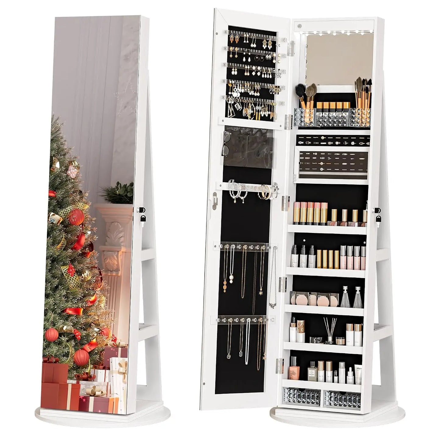 360° Swivel Jewelry Mirror Cabinet, Lockable Standing Jewelry Armoire with Full Length Mirror, Storage Shelves,, Custom
