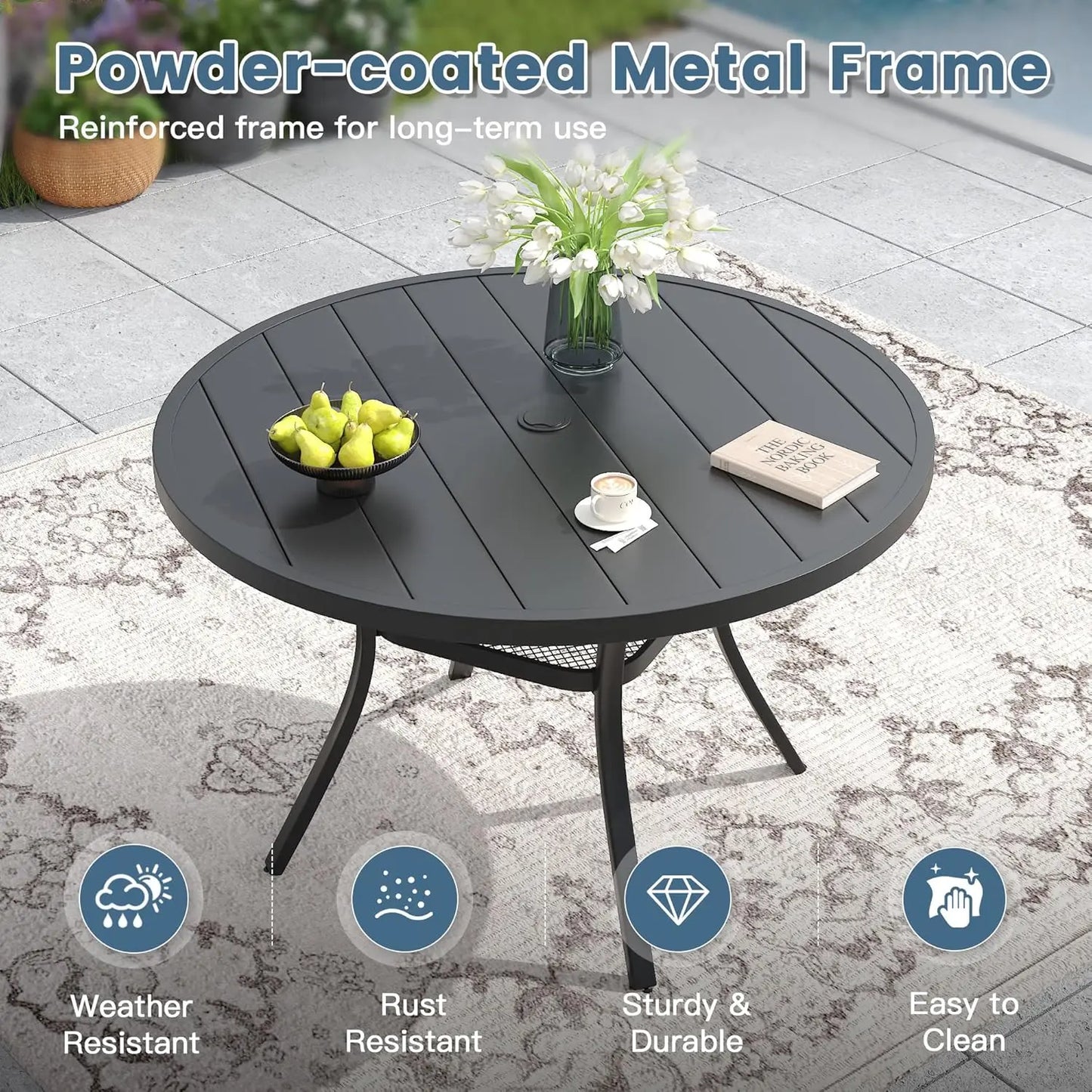 Outdoor Patio Dining Set With Four Textilene Swivel Chairs And Round Table