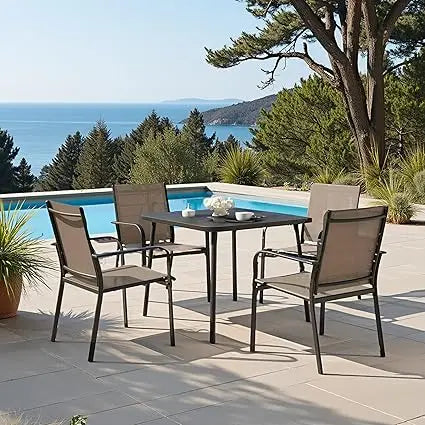 Outdoor Dining Set With Textilene Chairs And Square Metal Table