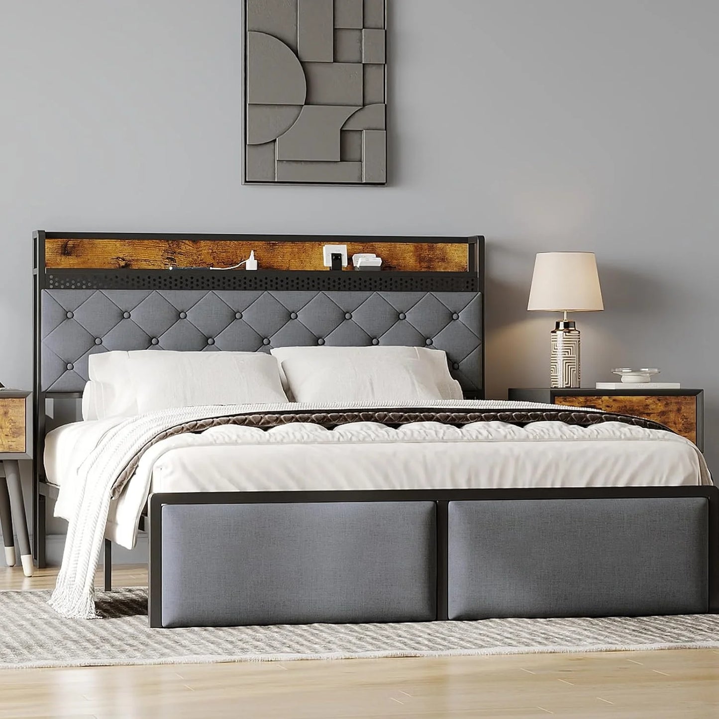 Bed Frame with Headboard,Modern Linen Upholstered Bed Frame with Strorage Drawers,Charging Station,Led Light, Metal Slat Support