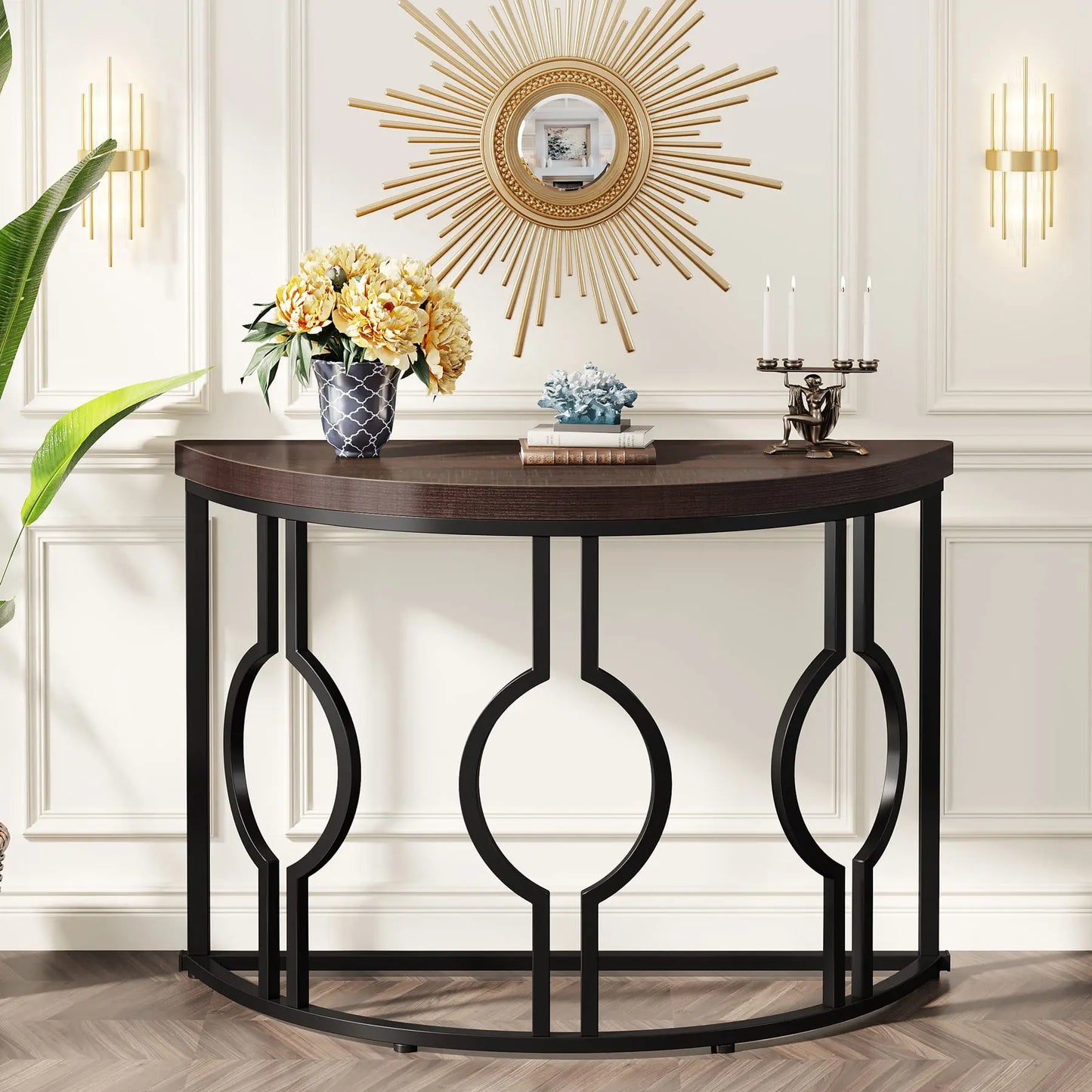 Tribesigns Half Moon Console Table With Geometric Wood Base