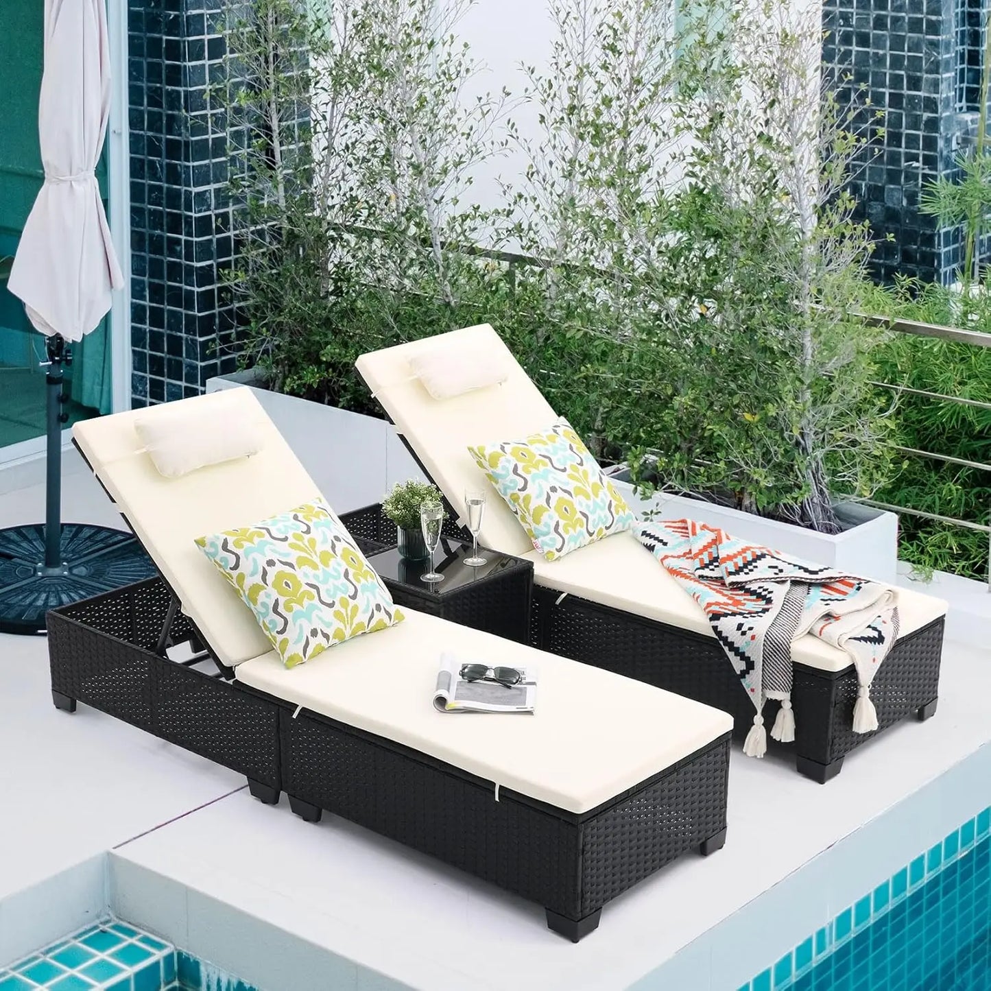 PE Wicker Adjustable Chaise Lounge Set of 3 with Table for Patio Pool Outdoor, Custom