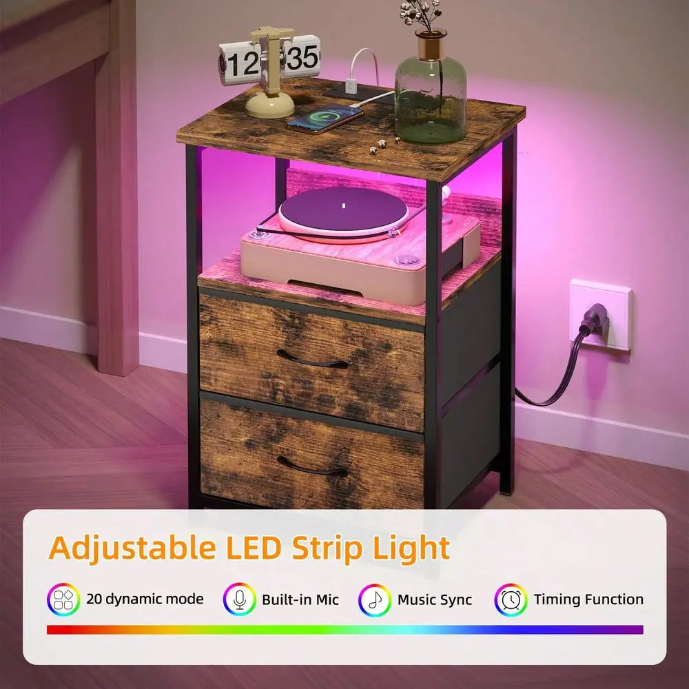 Tomnk 1/2pcs Night Stand With Charging Station, Nightstand With U-S-B Ports And Outlets, 2 Fabric Storage Drawers PU Fi