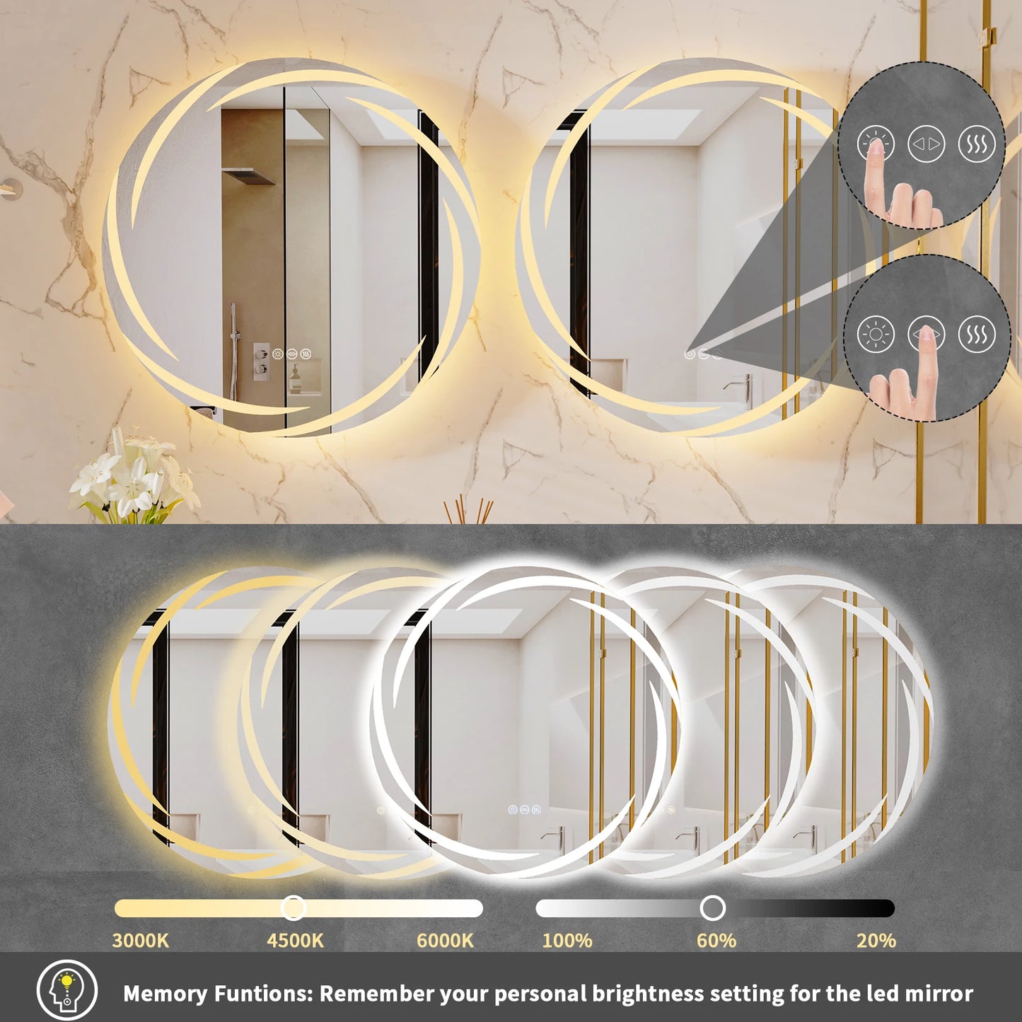 Anti Fog LED Round Bathroom Mirror Shatterproof Three Color Lights