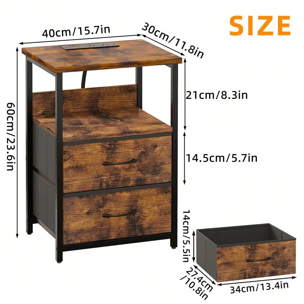 Tomnk 1/2pcs Night Stand With Charging Station, Nightstand With U-S-B Ports And Outlets, 2 Fabric Storage Drawers PU Fi