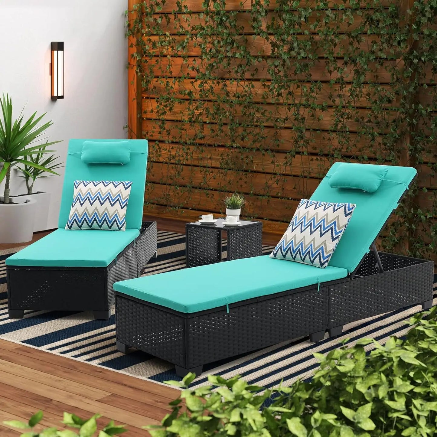 PE Wicker Adjustable Chaise Lounge Set of 3 with Table for Patio Pool Outdoor, Custom