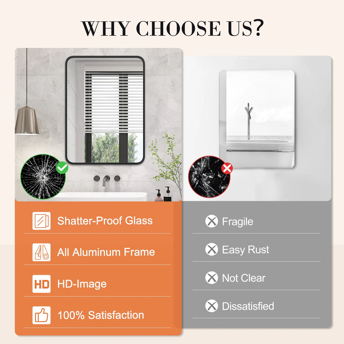 JHK Matte Metal Framed Bathroom Vanity Mirror With Tempered Glass