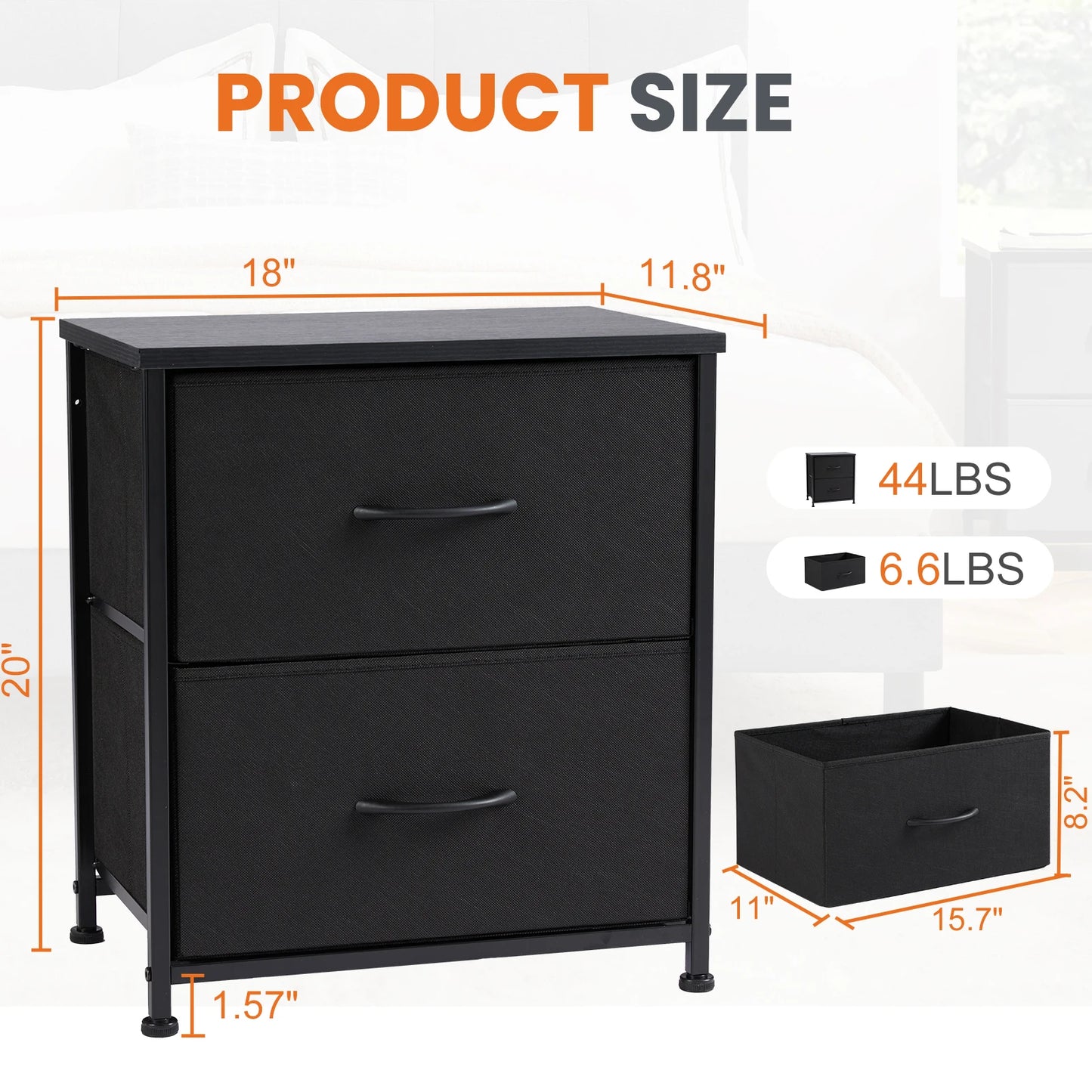 JHK Nightstand Bedside Table With Fabric Drawers And Cabinet