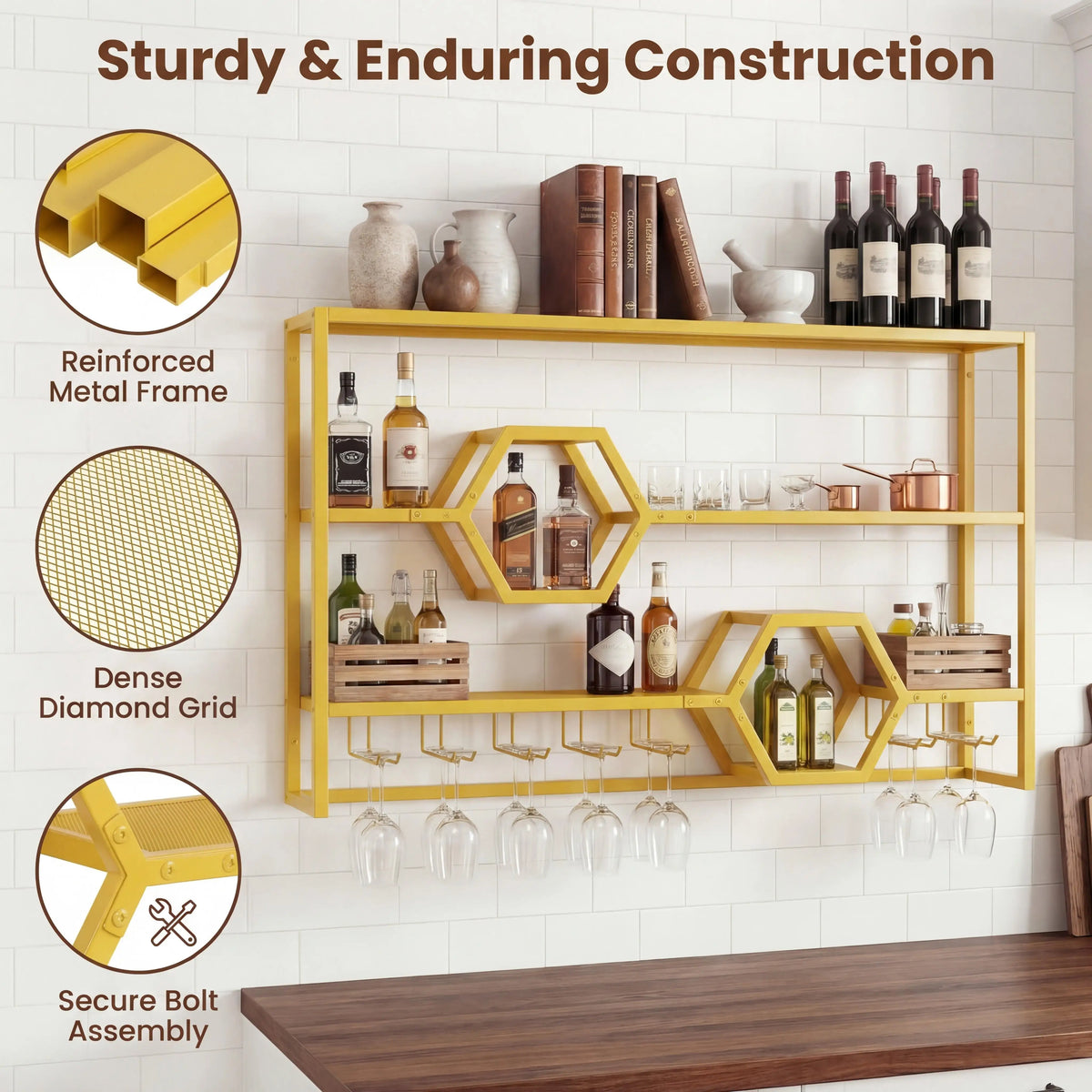HOMASIS Wall Mounted Wine Rack With Glass Holder Bar Shelf