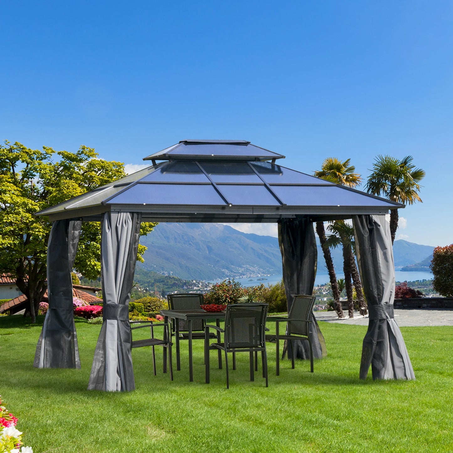 Outsunny Patio Gazebo Mesh Netting Aluminum Frame Two-Tier Polycarbonate Roof