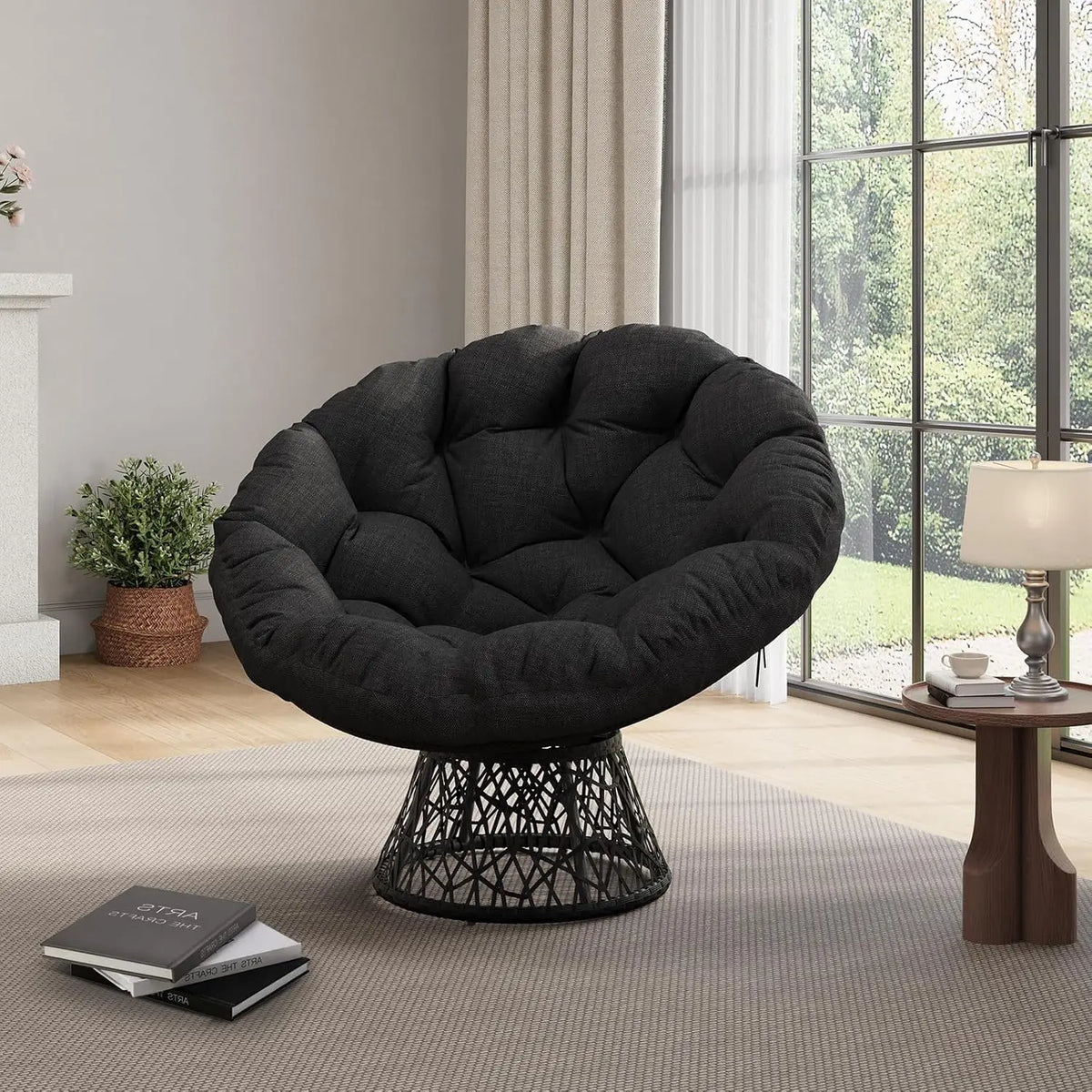 40 Inch Wicker Papasan Chair With 360° Swivel Base, 6-8 Inch Thick Cushion, Steel Frame Round Lounge Chair For Living Room Bedroom