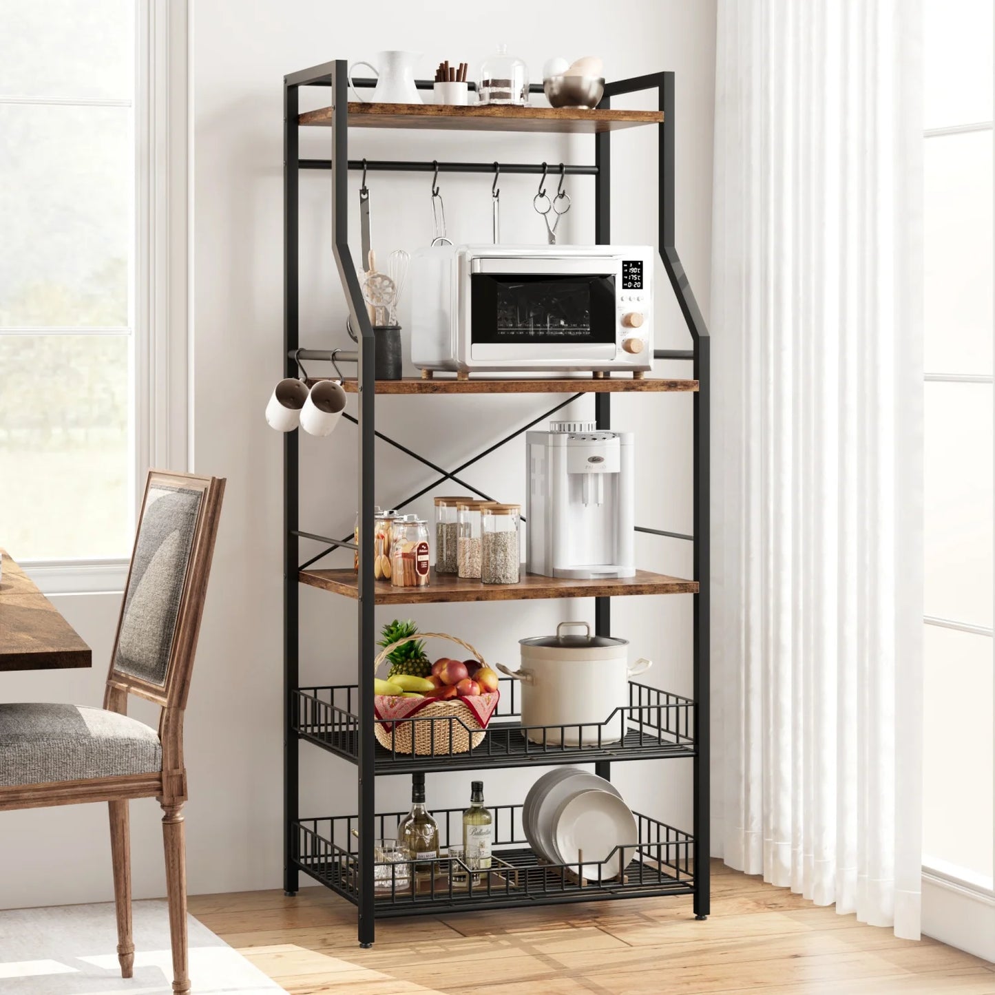 Kitchen Bakers Rack Microwave Oven Stand with 2 Large Wire Basket Industrial Coffee Bar Station