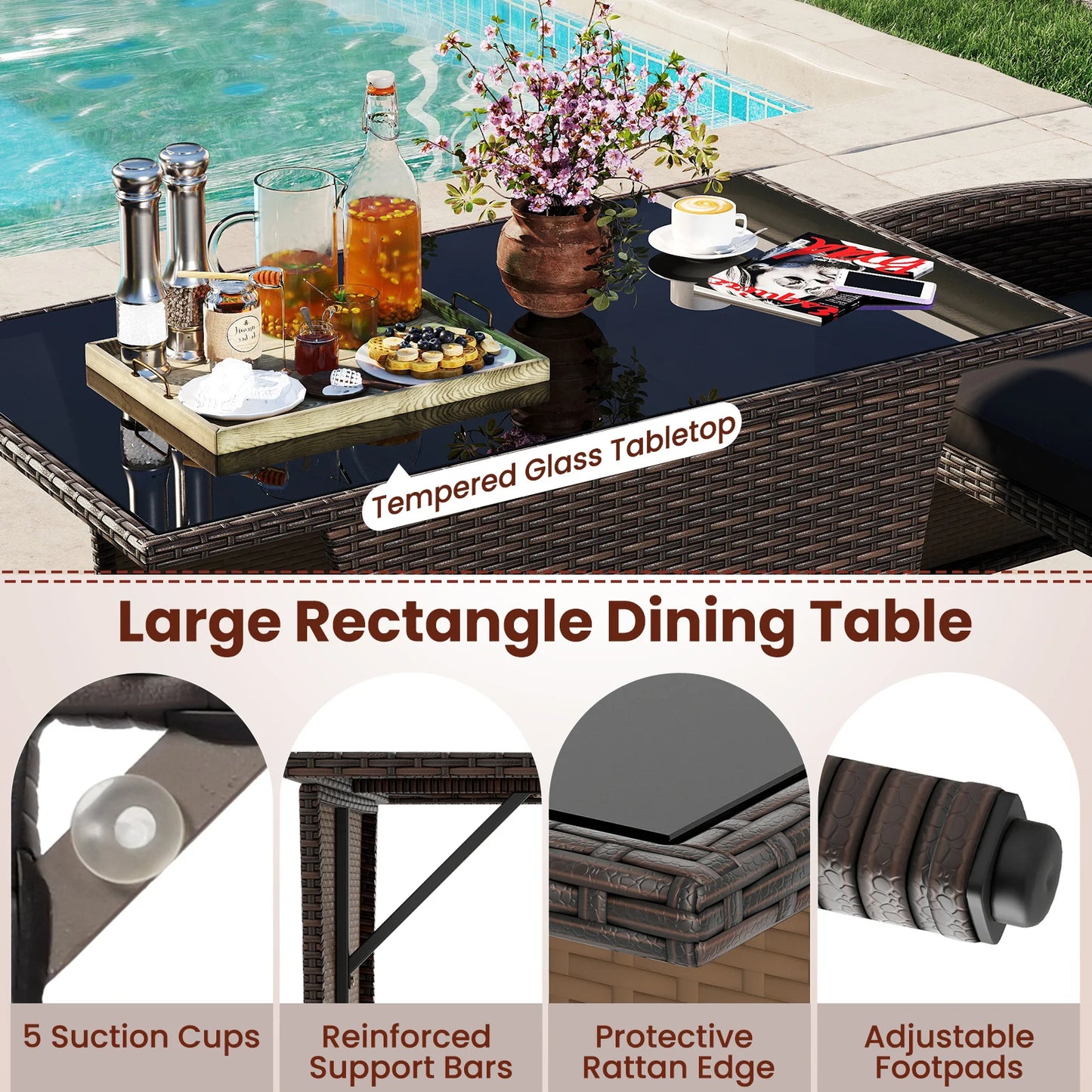 3 Pieces Wicker Bistro Set Balcony Furniture Set w/ Tempered Glass Dining Table