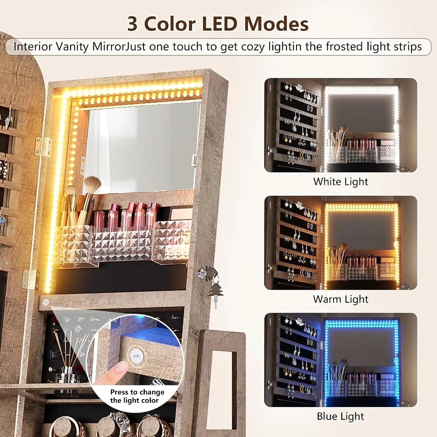 360°Swivel jewelry organizer with Full Length Mirror with Lights,Jewelry Armoires Cabinet Standing with Drawer,Large, Custom