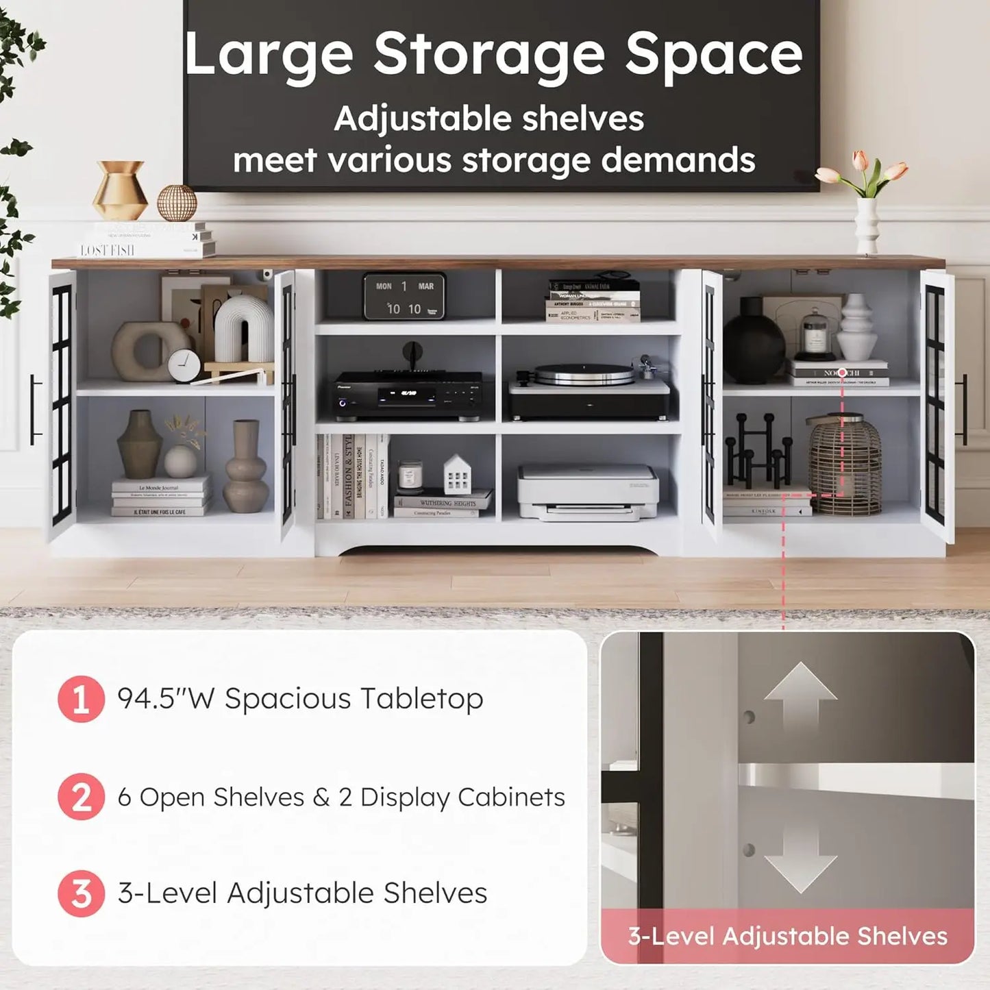 Farmhouse TV Stand for TVs up to 100", Modern Entertainment Center with 2 Cabinets and 3-Tier Open Shelves, Rustic, Customized