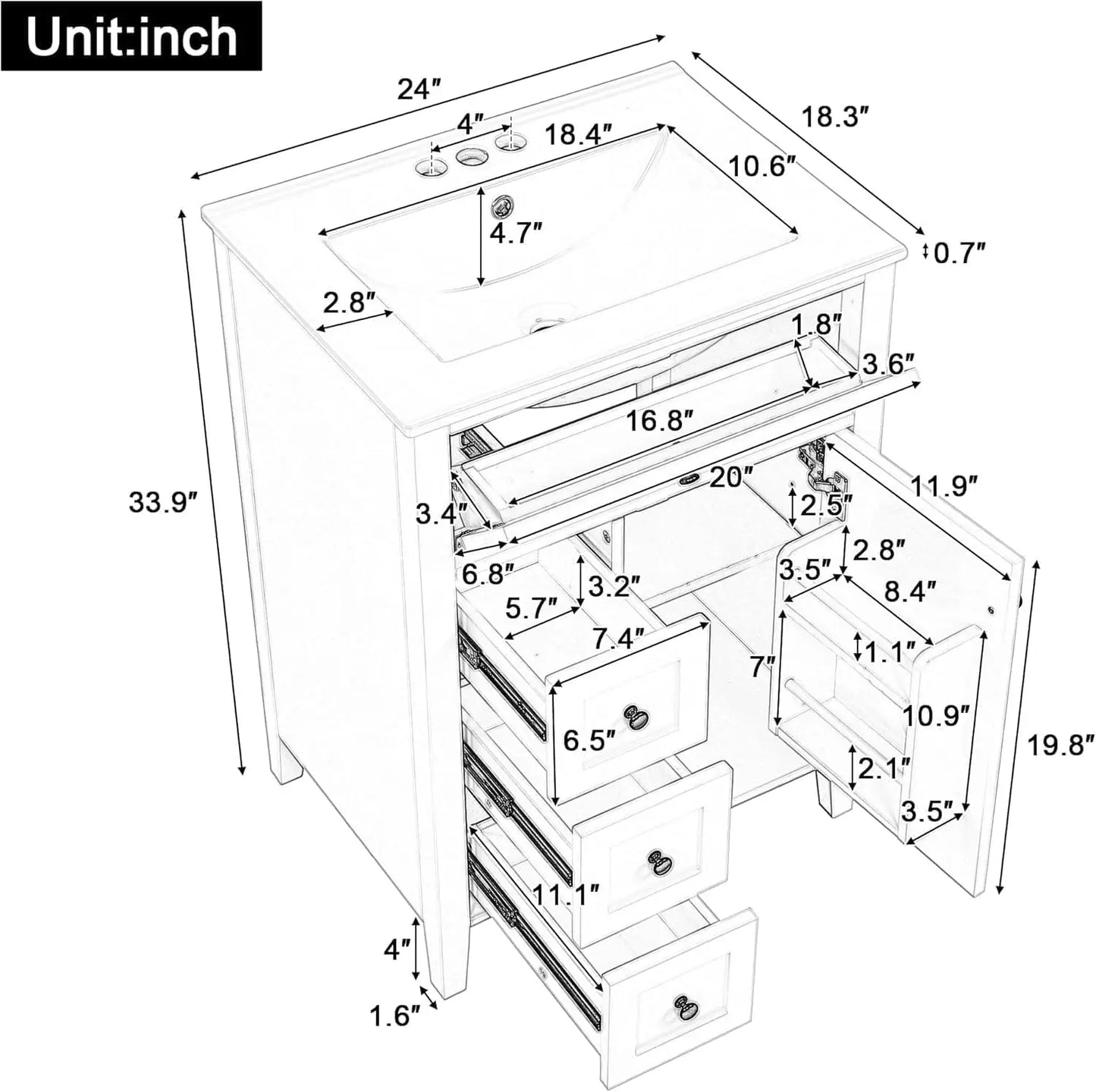 24" Bathroom Vanity with Sink Combo Set, Bathroom Cabinet with 3 Drawers and a Tip-Out Drawer, Adjustable Shelves, Soft, Custom