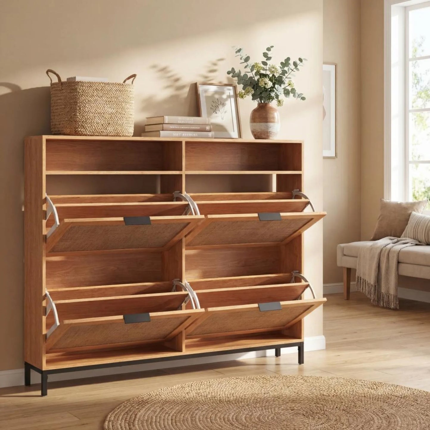 Shoe Storage Cabinet w/ 4 Flip Drawers, Adjustable Shelves, Open Compartments