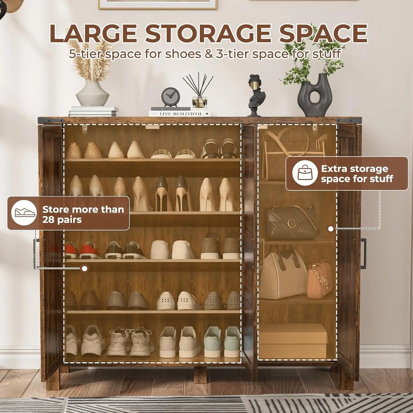 5-Tier Shoe Storage Cabinet, Farmhouse Shoe Rack Organizer Cabinet with 4 Adjustable Shelves & Side Cabinets,, Custom