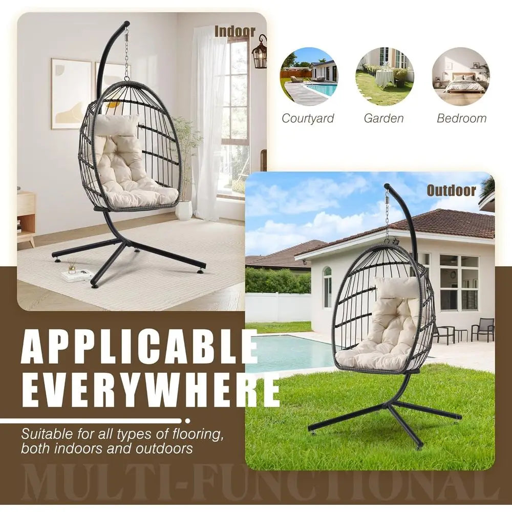Egg Chair with Stand, Outdoor Hanging Swing Chairs, Indoor Hammock Egg Chair with Removable Cushion and Pillows, Patio Wicker Po