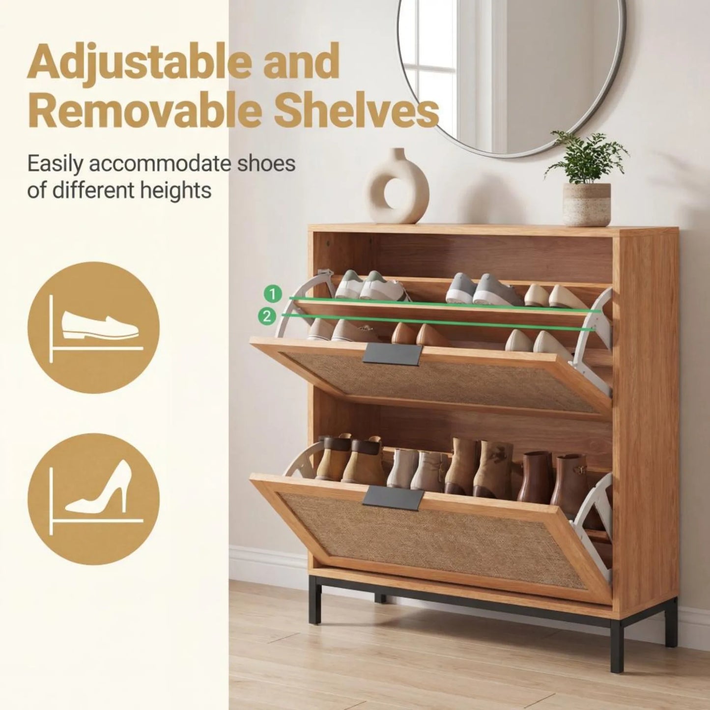 Shoe Storage Cabinet w/ 4 Flip Drawers, Adjustable Shelves, Open Compartments