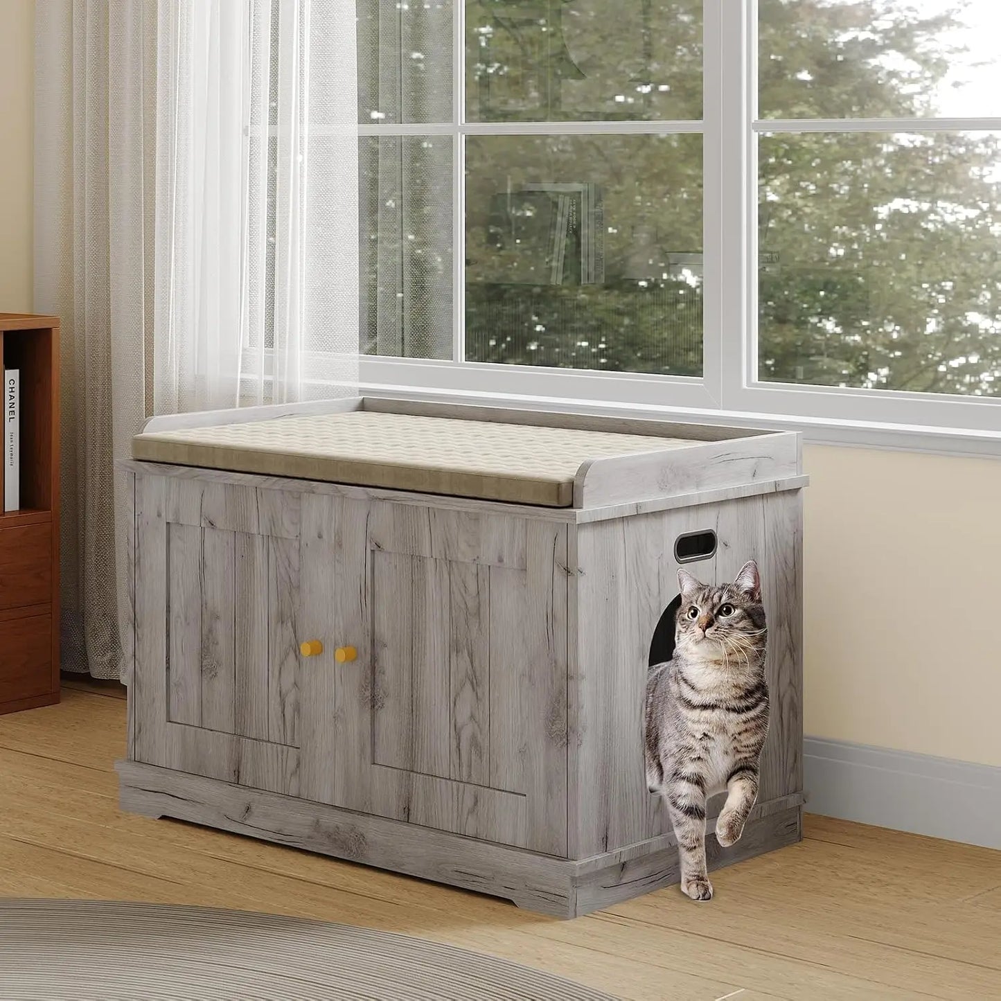 Cat Litter Box Enclosure, Hidden Litter Box Cabinet Furniture, Wooden Cat Washroom Furniture with Cosy Perch, pets House