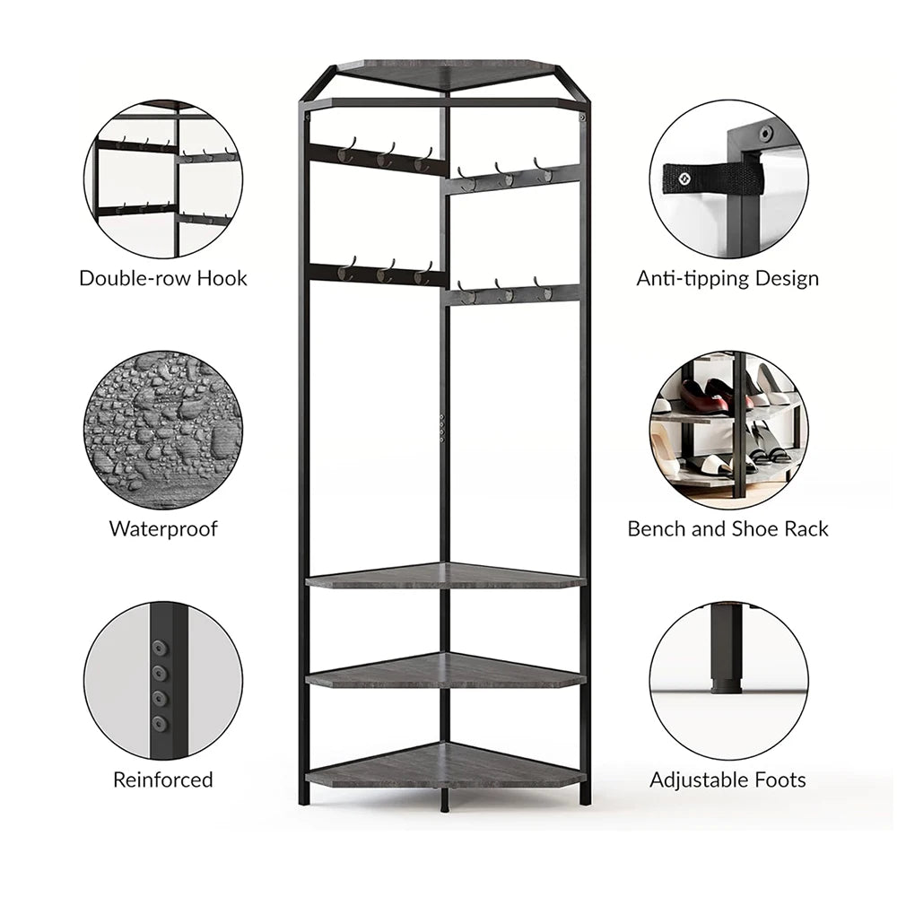 Corner Hall Tree With Shoe Bench Entryway Corner Coat Rack With 12 Double Hooks Clothes Rack With Corner Tree for Hallway