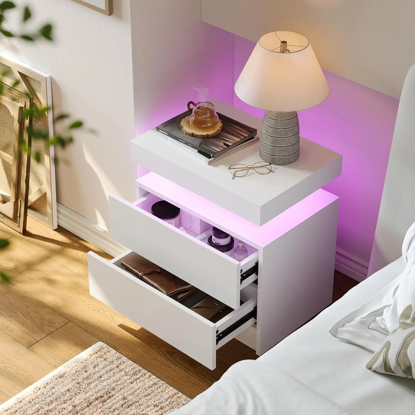 White LED Nightstand With Two Wood Drawers Bedside Table
