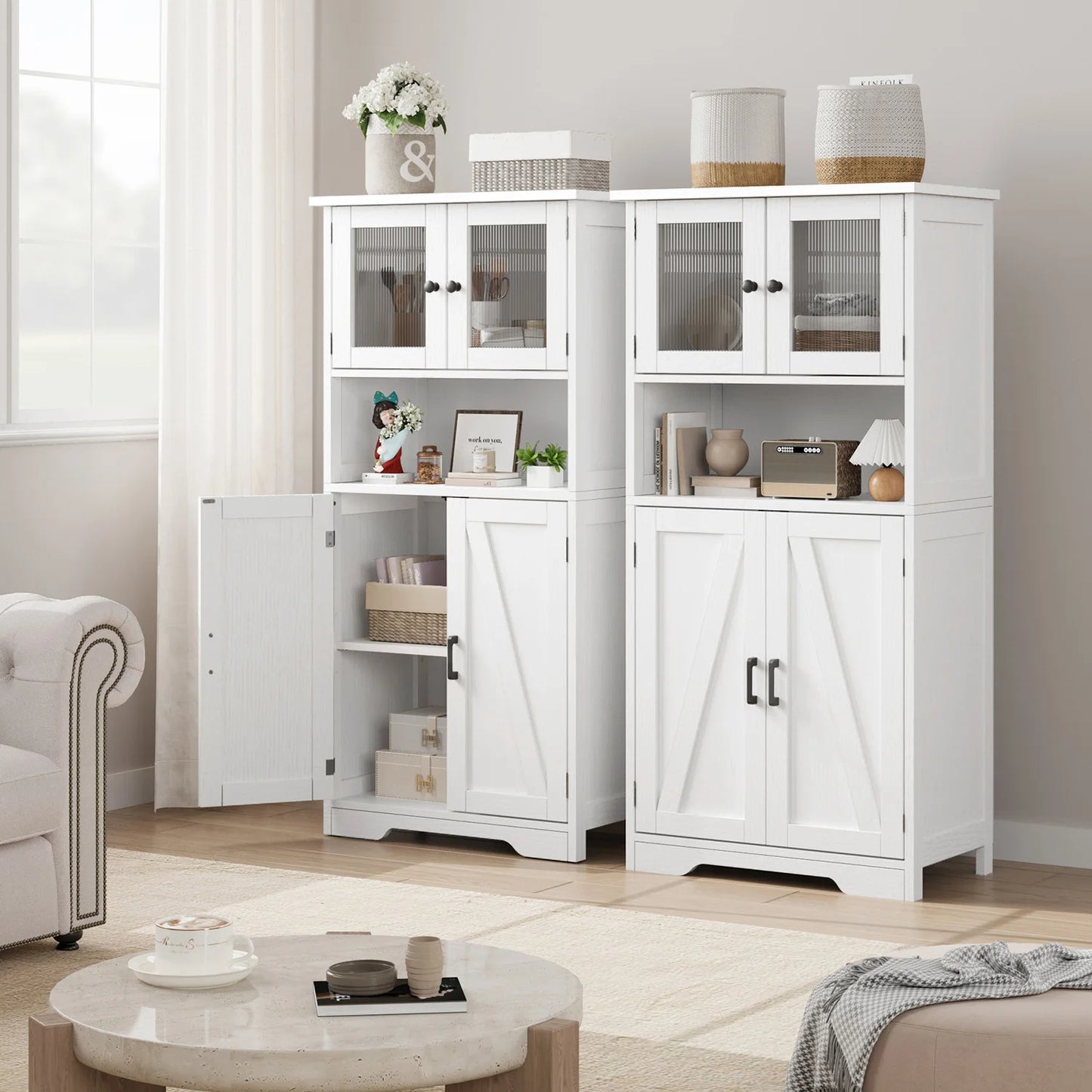 Modern Multipurpose Entryway Storage Cabinet – Freestanding Wooden Pantry with Glass Doors & Adjustable Shelves, Floor Organizer for Hallway, Kitchen, Living Room, Bathroom