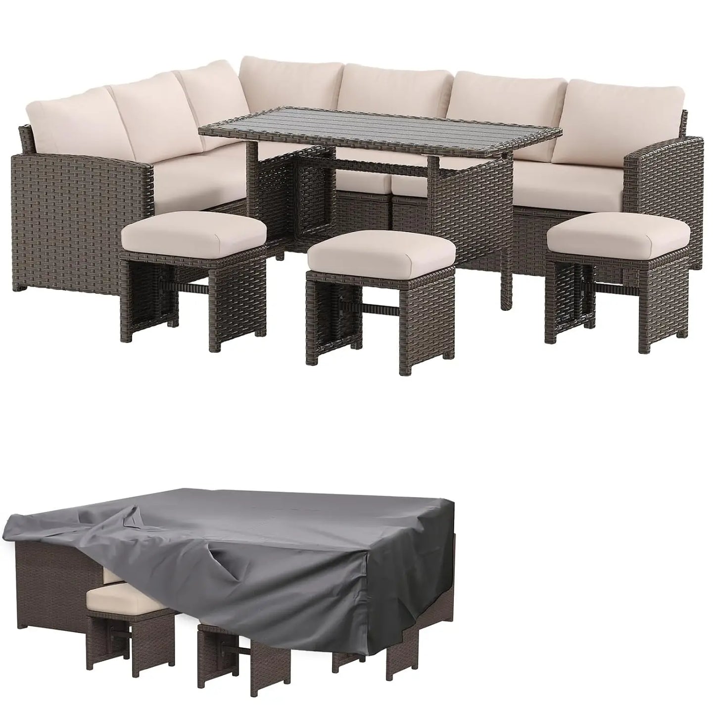 Outdoor Patio Furniture Set with Waterproof Cover, 7 Pieces Clearance Sectional Rattan Dining Table&Chairs, All Weather, Custom