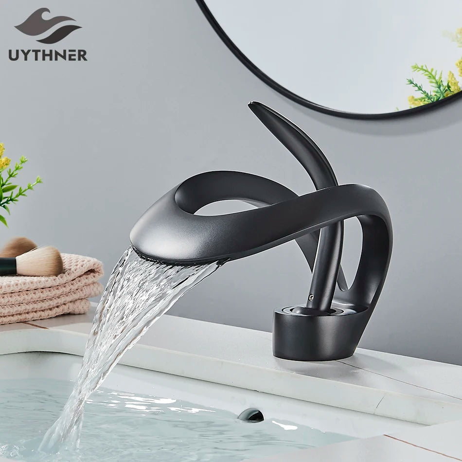Uythner Luxury Creative Waterfall Basin Faucet Single Handle Deck Mount Basin Tap Black Brass Bath Hot Cold Water Vanity Tap