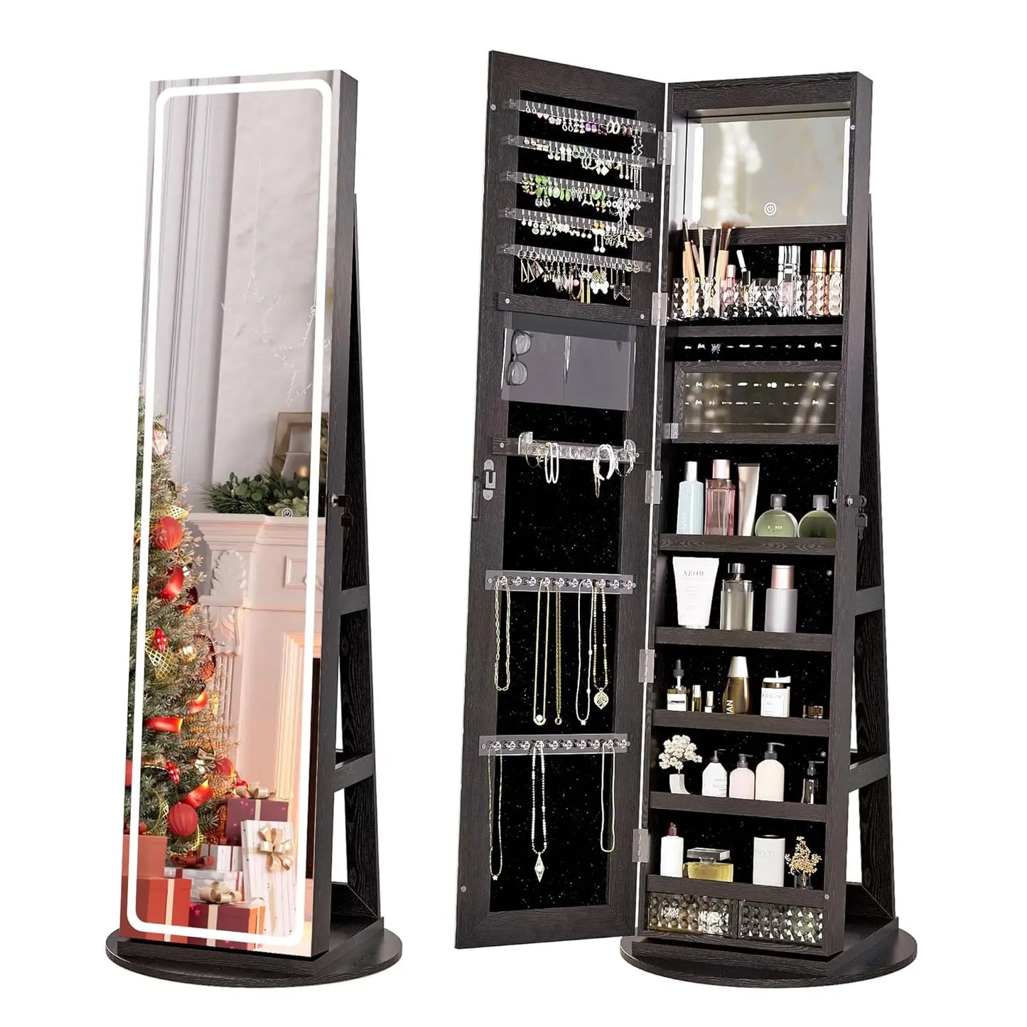360° Swivel Jewelry Mirror Cabinet, Lockable Standing Jewelry Armoire with Full Length Mirror, Storage Shelves,, Custom