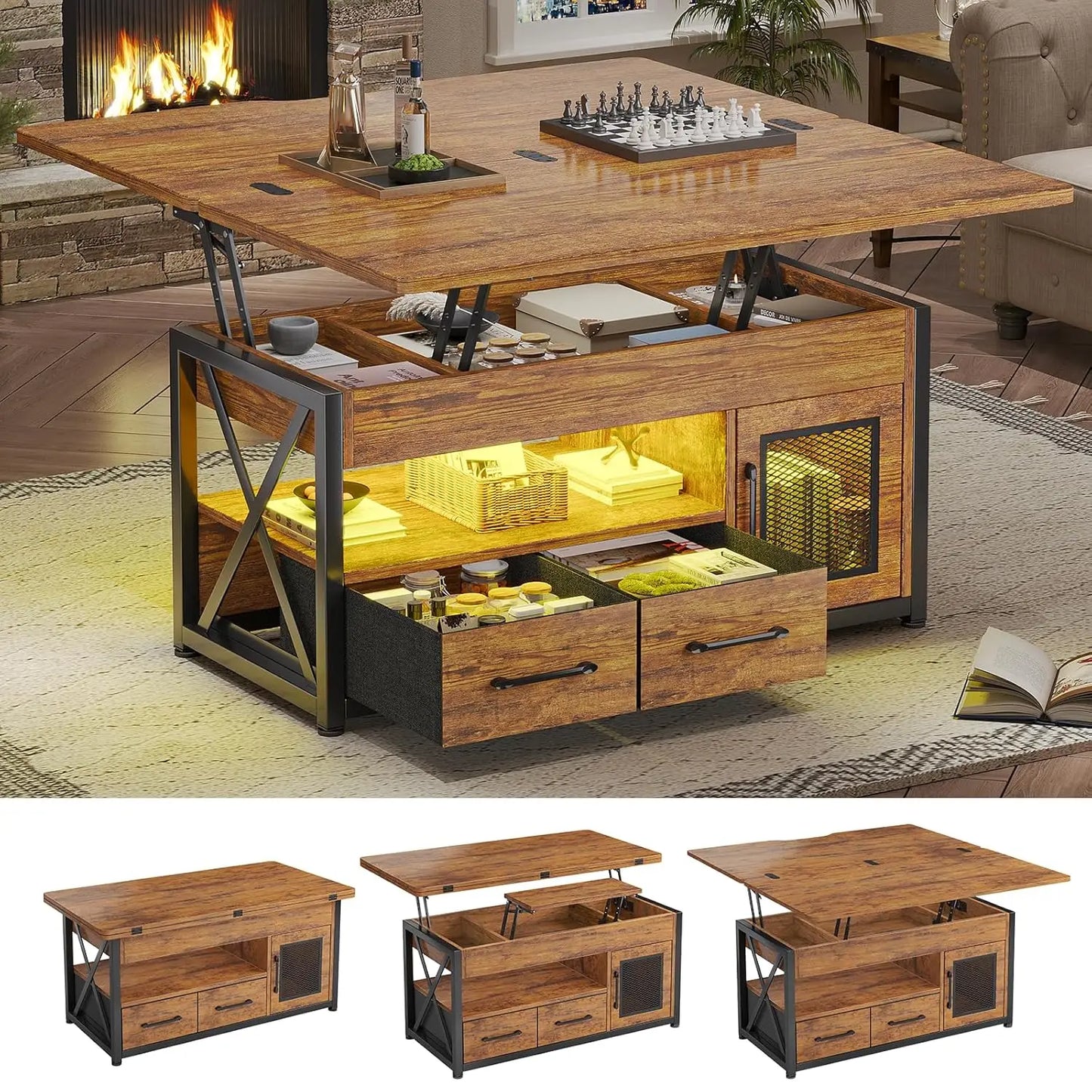 Lift Top Coffee Table Storage Cabinet 4 in 1 with 2 Fabric Drawers LED Light Living Room Dining Room 40Custom