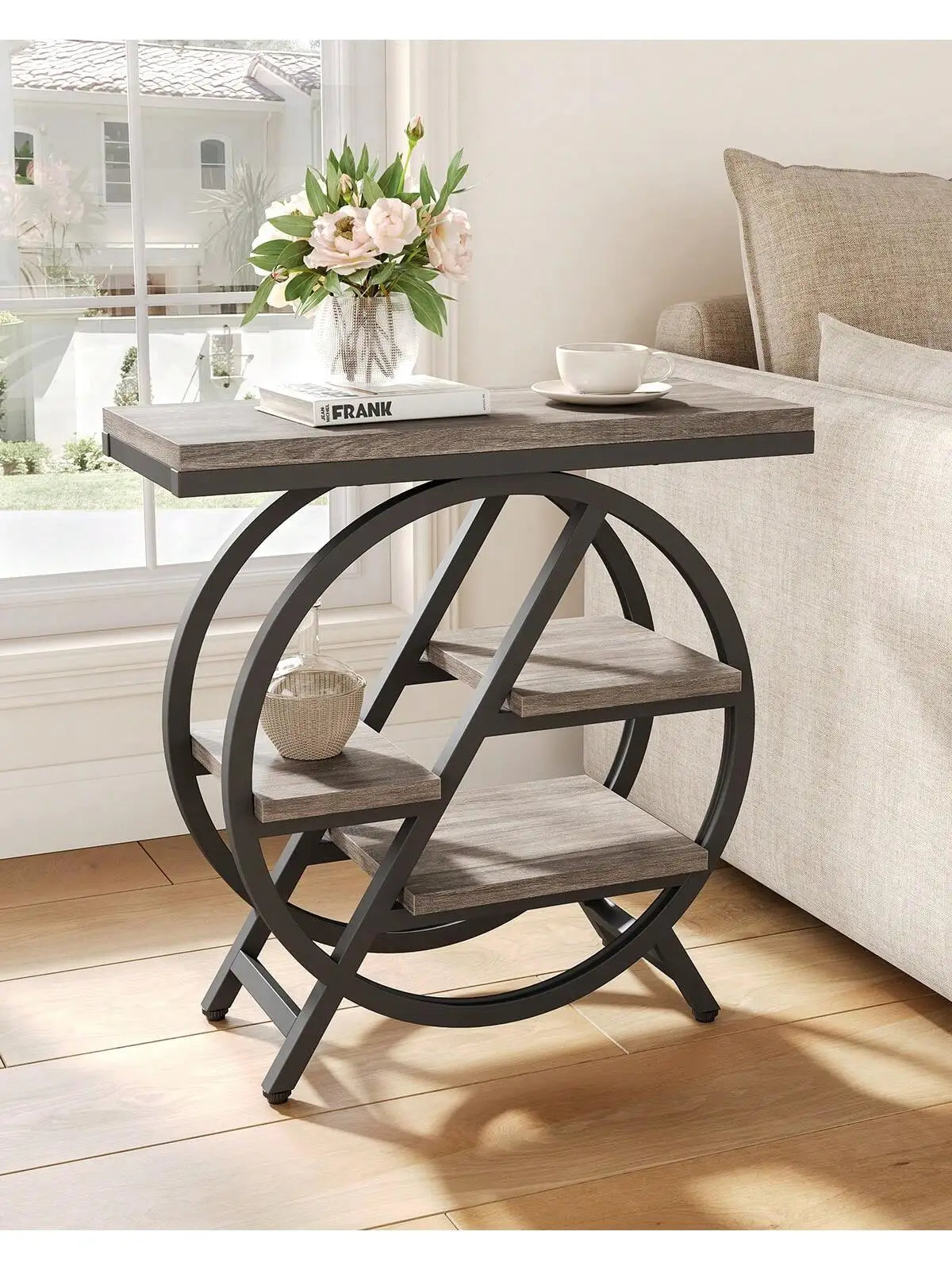 4-Tier End Table For Living Room, Narrow Side Table With Storage, Wood Sofa Side With Metal Frame, Industrial