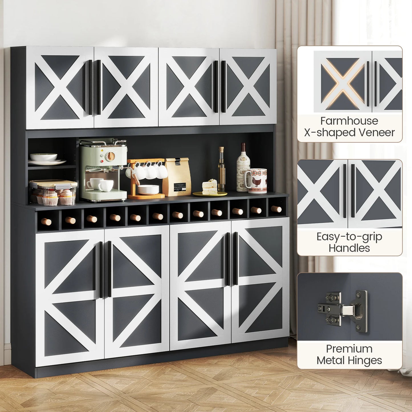 63” Wide Kitchen Buffet Hutch w/ 4 Cabinets, 2 Open Shelves & 12-Bottle Wine Rack