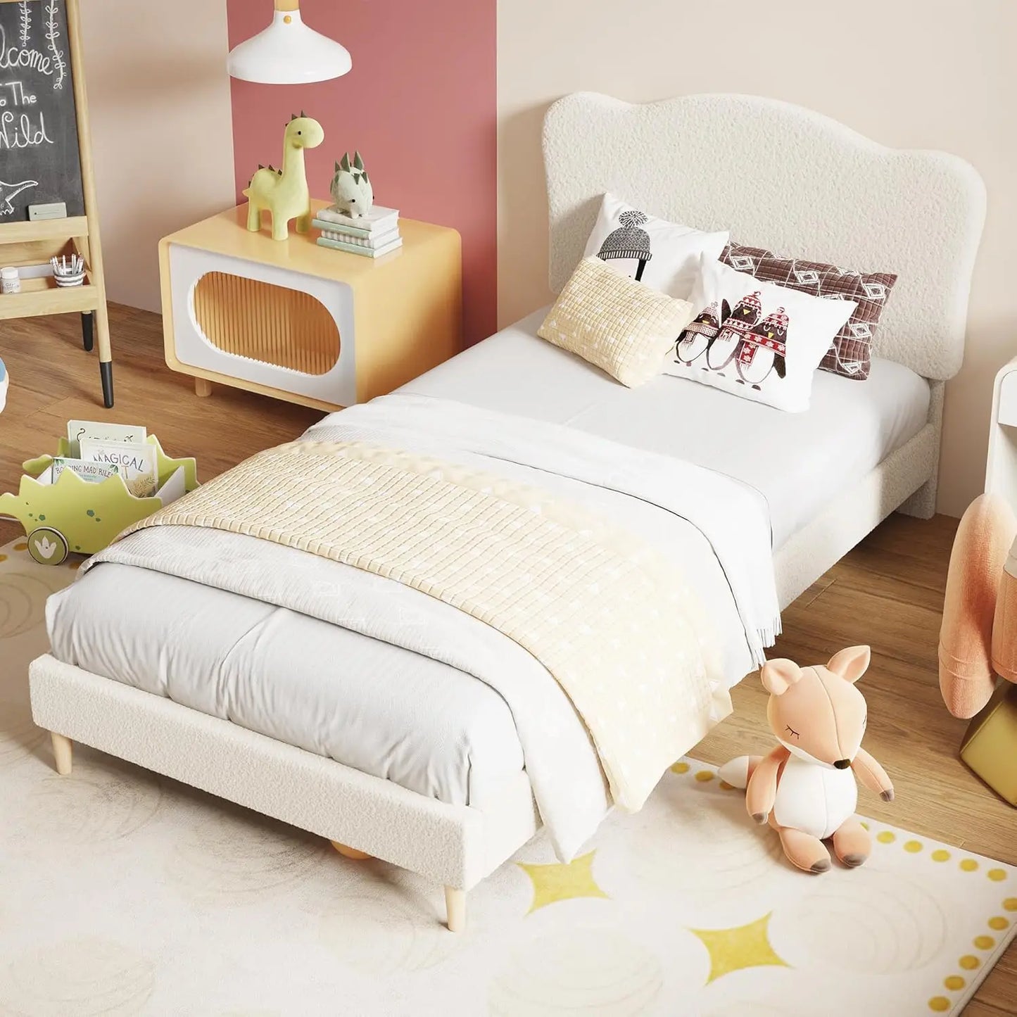 Upholstered Twin Size Bed Frame for Kids with Scallop Headboard, Cute Velvet Twin Bed, Sturdy Platform Bed, No Box Spring Needed