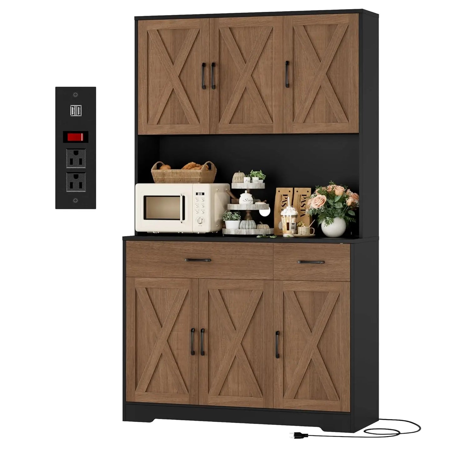Chengwei Farmhouse Pantry Cabinet With Charging Station And Microwave Stand