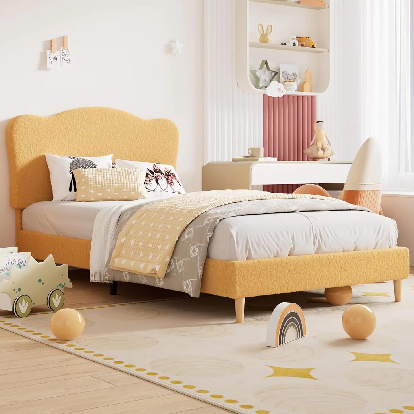 Upholstered Twin Size Bed Frame for Kids with Scallop Headboard, Cute Velvet Twin Bed, Sturdy Platform Bed, No Box Spring Needed