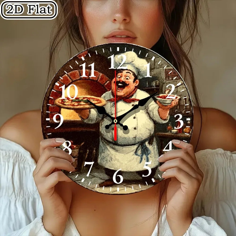 10-Inch Wooden Wall Clock with a Chef Theme, Featuring Easy-To-Read Numbers. It Runs on Batteries (AA Batteries Not Included) An