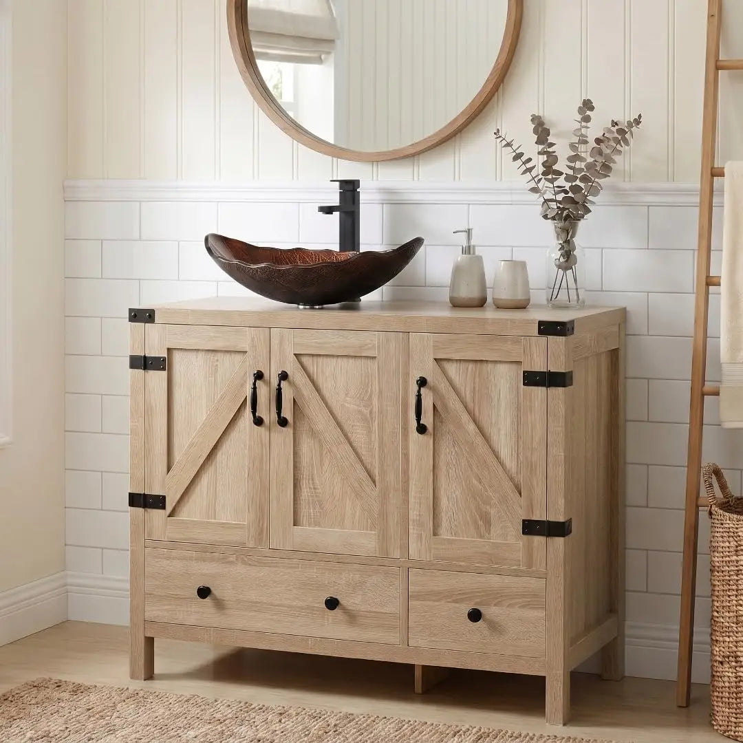 36" Natural Color Bathroom Vanity, Rustic Fixture Standing Pedestal Cabinet with White Ceramic Sink, Custom