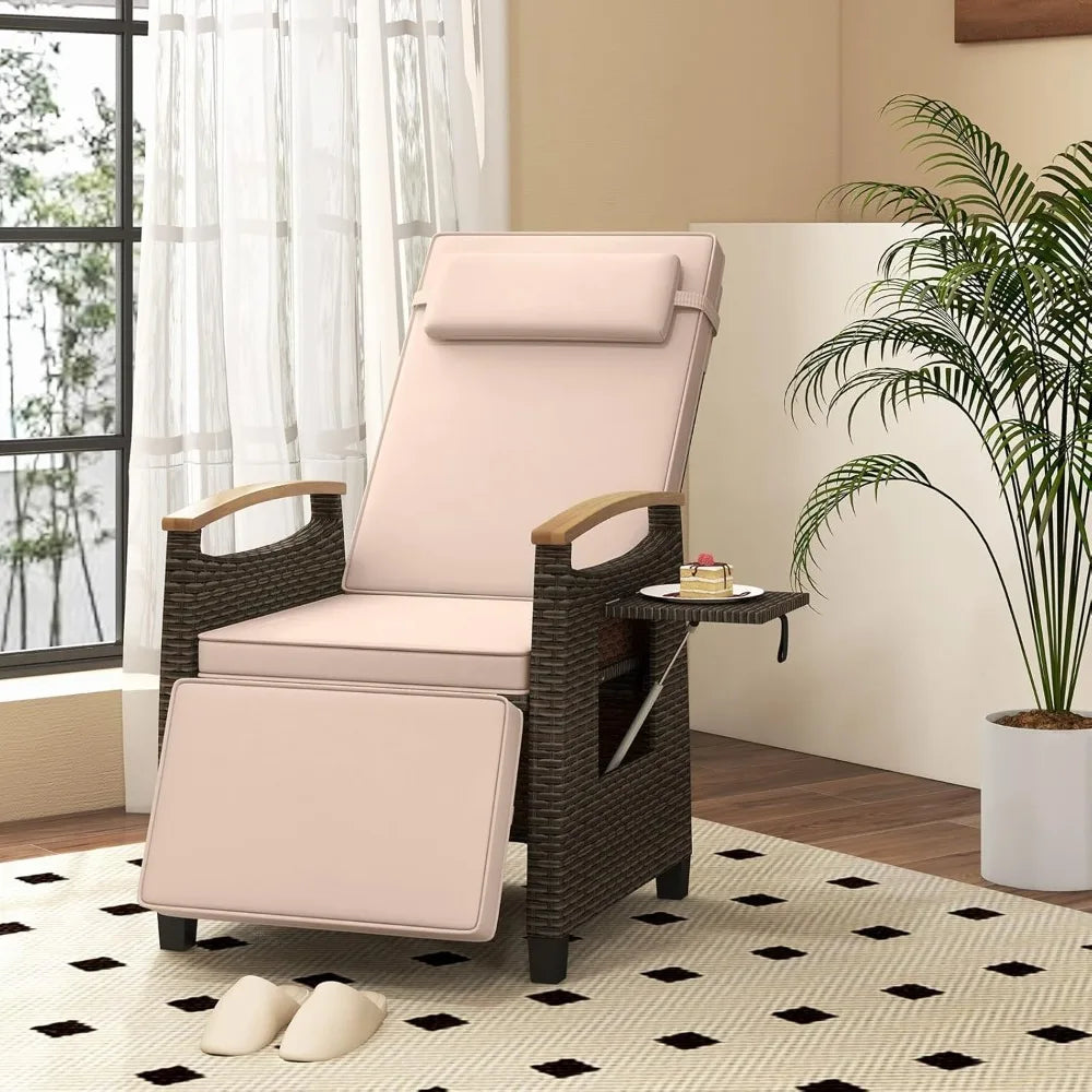 Patio Wicker Recliner Chair, Rattan Lounge Chair w/Adjustable Backrest & Footrest, Flip Side Table, Push Back, Custom