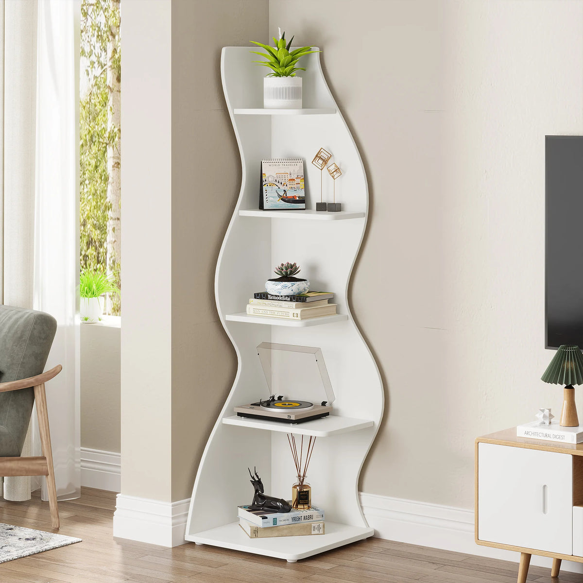Tribesigns Modern Corner Bookshelf, Five Tier Wall Storage Shelf