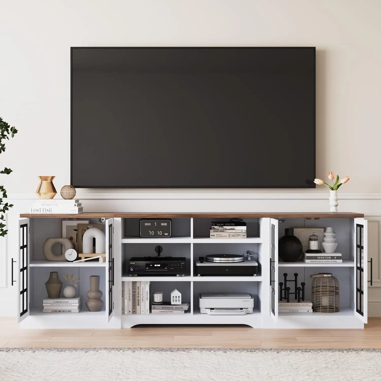 Farmhouse TV Stand for TVs up to 100", Modern Entertainment Center with 2 Cabinets and 3-Tier Open Shelves, Rustic, Customized